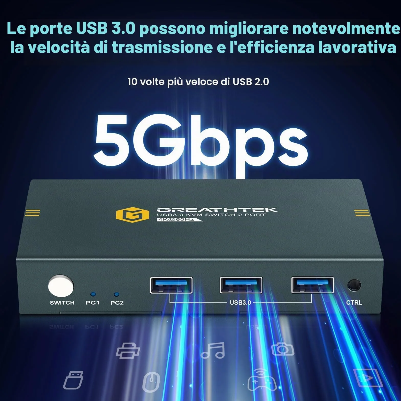 Interruttore KVM USB 3.0 HDMI 2 Porta 4K@60Hz, Interruttore KVM per 2 PC 1 - Monitor Con 3 porte USB3.0, HDMI2.0, HDCP2.2, supporto funzione EDID, inclusi 2 cavi USB 3.0