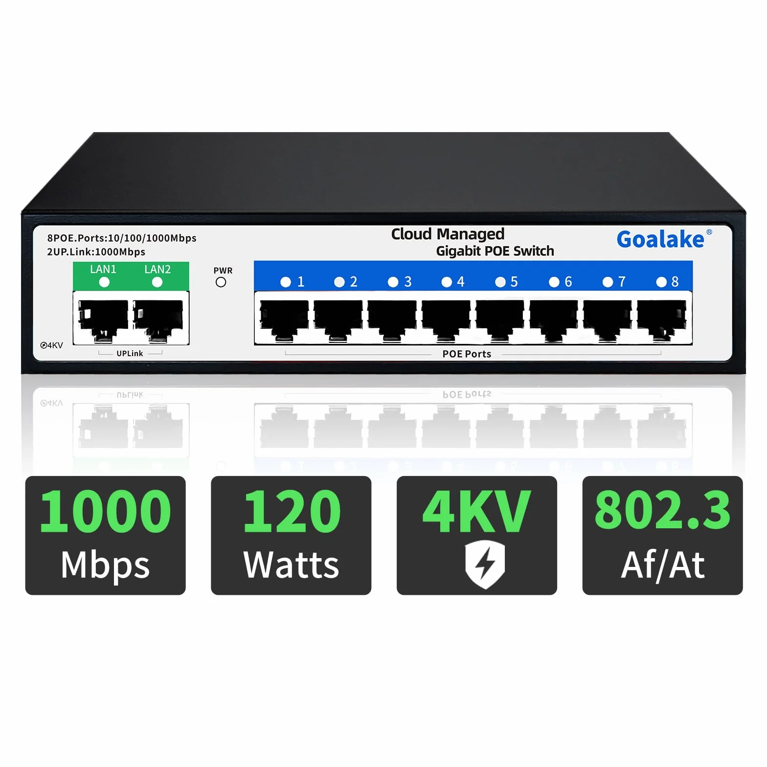 Goalake Gigabit Switch Poe a 8 Porte, Switch Ethernet Gestito Cloud, Switch PoE+ a 10 Porte da 120W, 802.3af/at, APP Easy Smart Managed, Cloud Detection, Vlan, Riavvio cloud, Cloud Ultra-remoto