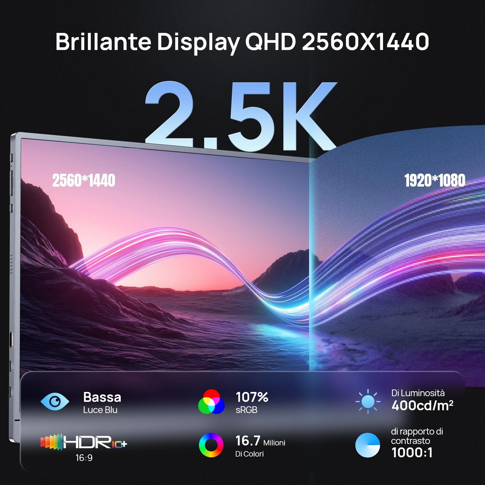 ARZOPA Monitor Portatile 16.1" 2,5K QHD 180Hz | IPS HDR10 400 Nit | Ultra Sottile 780g | Supporto integrato + Custodia inclusa | Compatibile con PC, Mac, PS5, Xbox, Switch, Smartphone -Z3FC Grigio