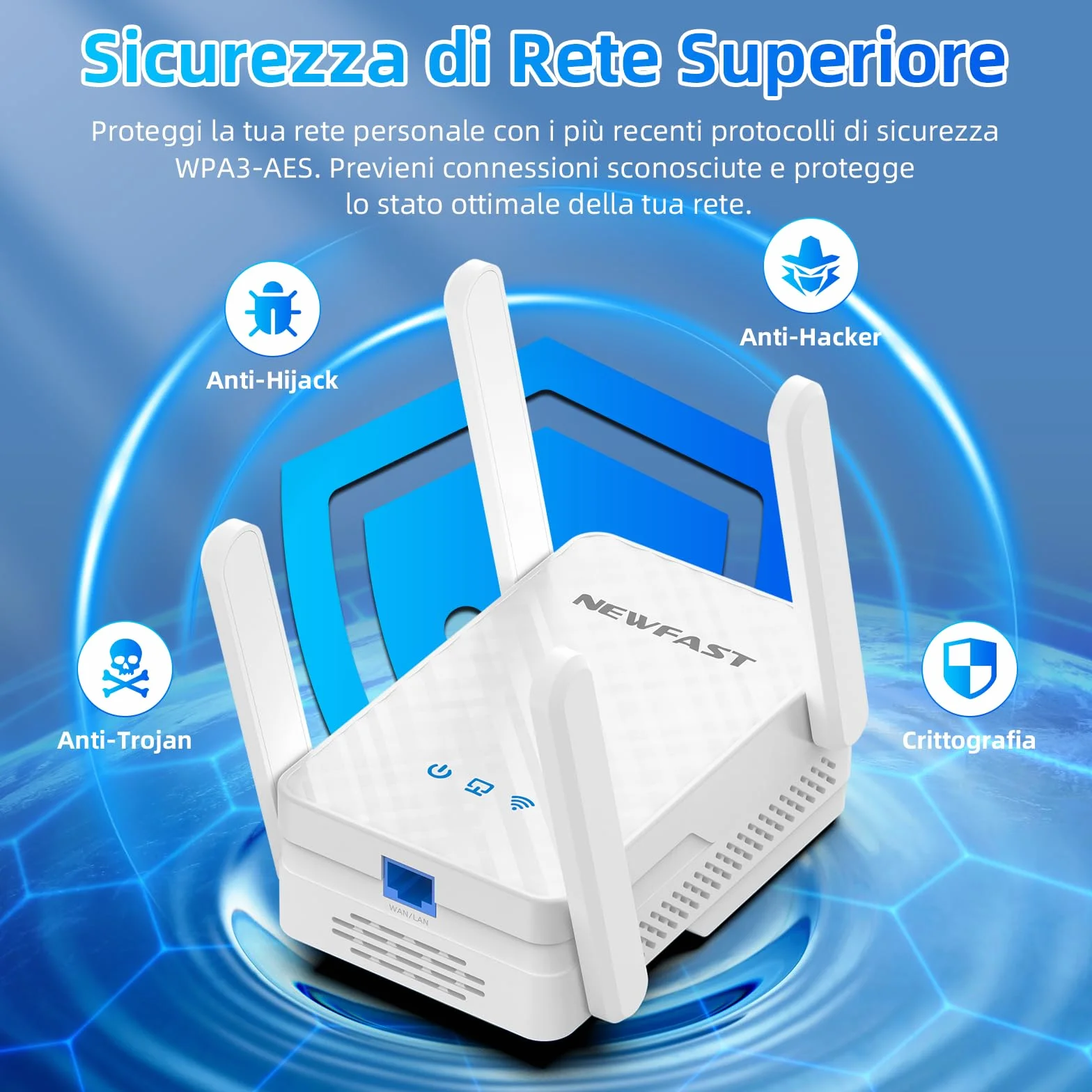 NEWFAST 3000Mbps Ripetitore WiFi Potente per Casa, WiFi6 WiFi Extender Dual Band 2.4G/5GHz con 4 * 5dBi Antenne, Porta Gigabit Ethernet, WPS Funzione, Supporta Modalità Ripetitore/Router/AP