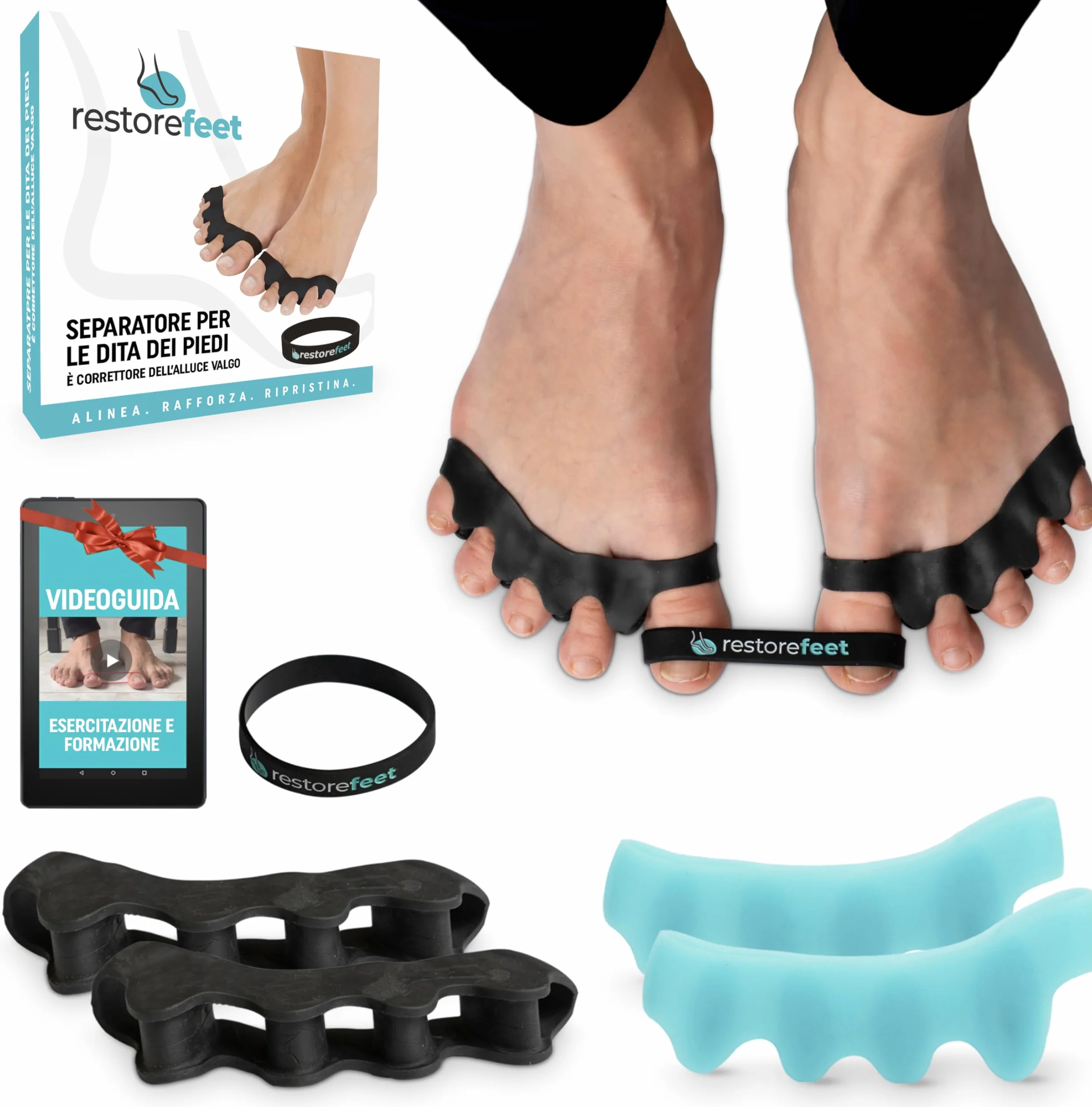 RestoreFeet Separatore Dita Piedi Anti Alluce Valgo 2 Paia Nero Azzurro Silicone 0% BPA Uomo Donna