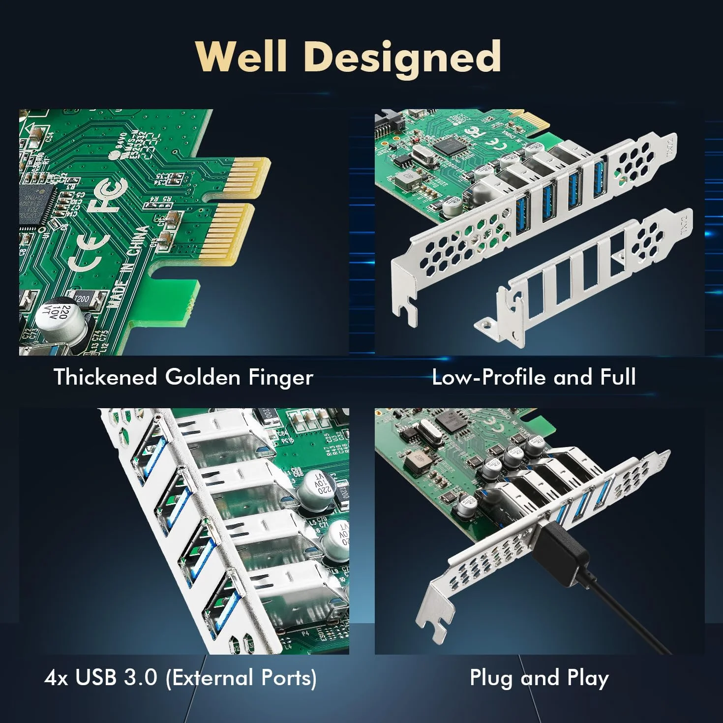 Binardat Scheda di espansione PCIE a 4 porte USB 3.0, alimentata autonomamente, staffa a basso profilo, adattatore controller hub USB3 per Windows 10/11
