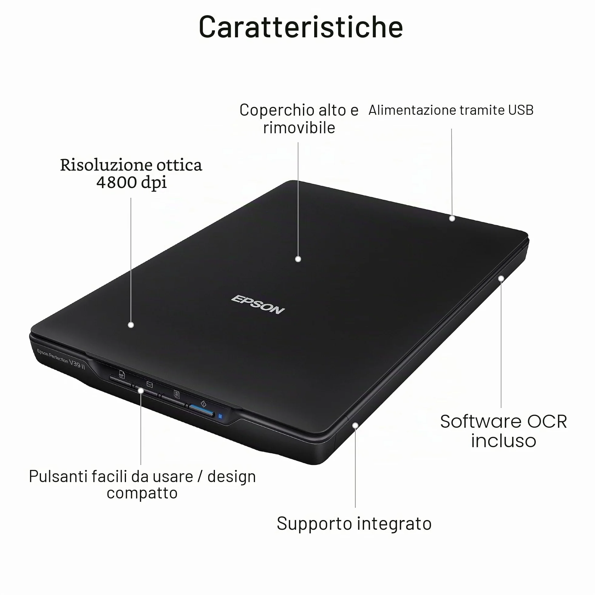 Epson Perfection V39 II - Scanner piatto per foto e documenti a colori con risoluzione ottica 4800 dpi, scansione su cloud, alimentazione USB e coperchio rimovibile