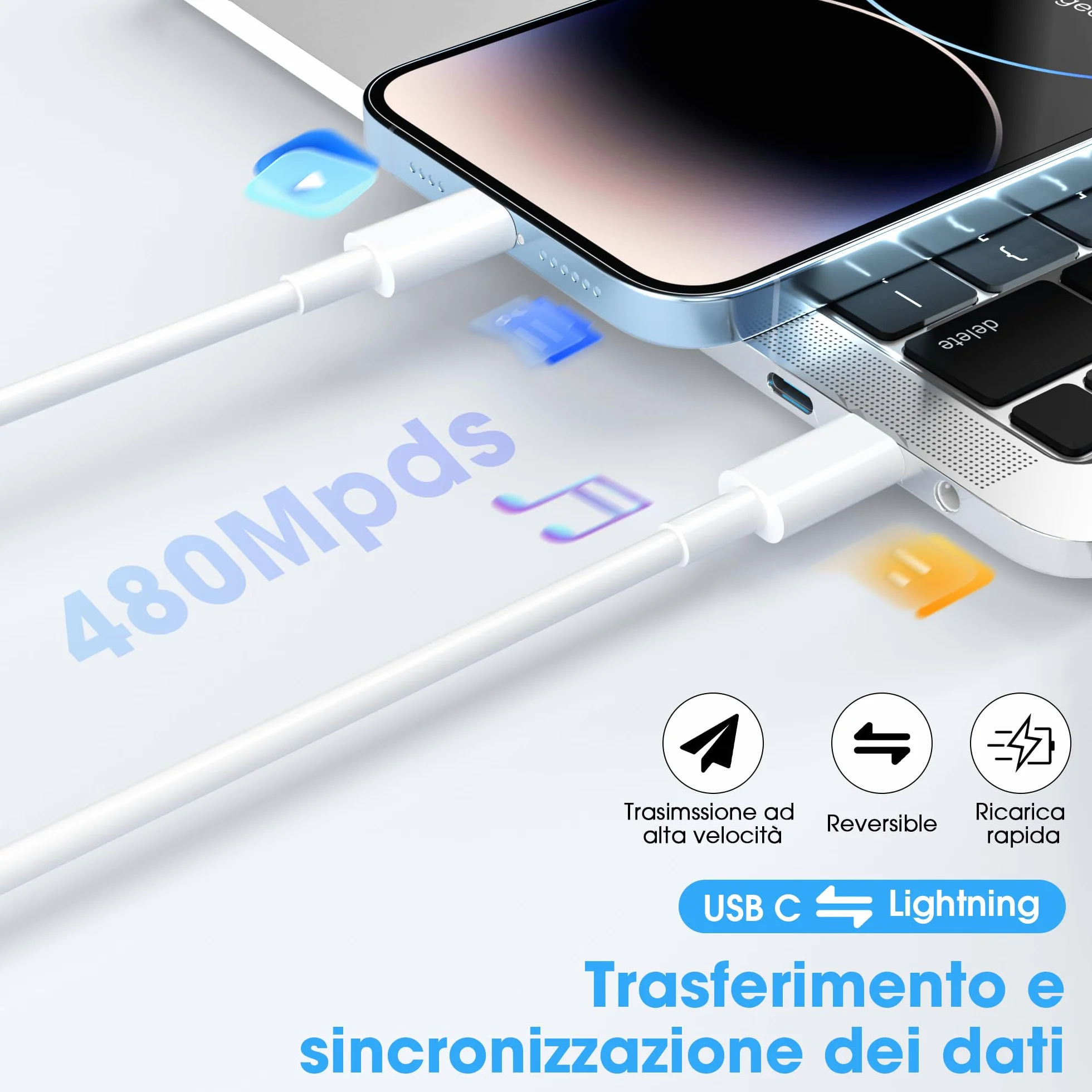 Cavo USB C Lightning Ricarica Rapida 1m+2m per iPhone 14/13/12/11/X/8/7/6 iPad Mini