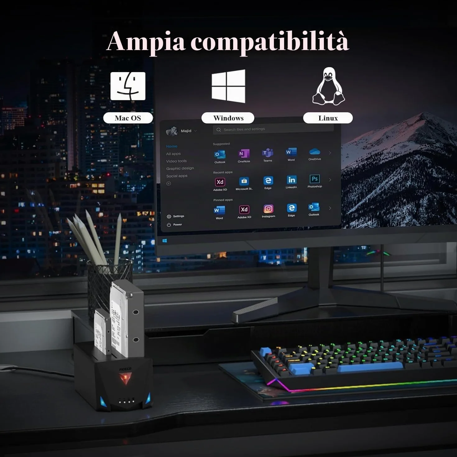 FIDECO Docking Station per Disco Rigido USB 3.2 Gen 1 SATA HDD SSD 2,5" 3,5" Cavo USB A C Clonazione Offline