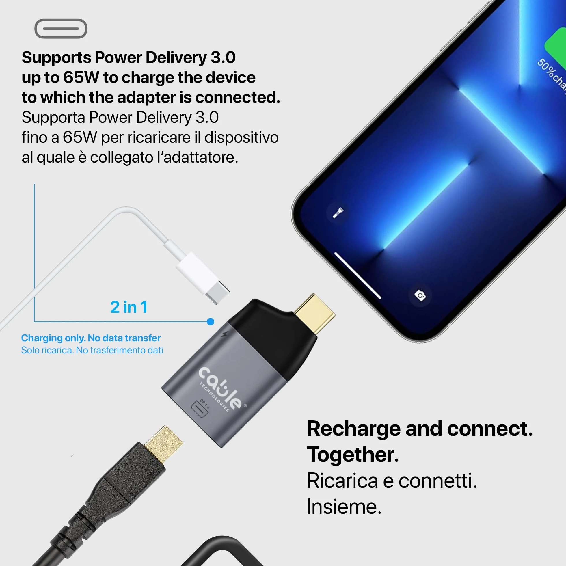 Adattatore da USB C maschio a Mini Display Port 1.4 8K@60Hz femmina + porta USB C femmina 65W PD 3.0, Convertitore Mini DP, Alluminio compatibile con Thunderbolt 3/4, iPhone, Macbook, iPad, Samsung,ec