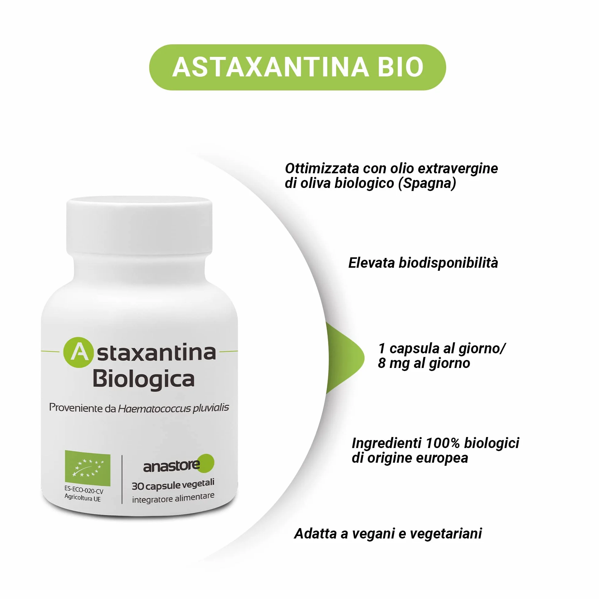 Astaxantina biologica 30 capsule vegetali 8 mg Antiossidante naturale occhi pelle