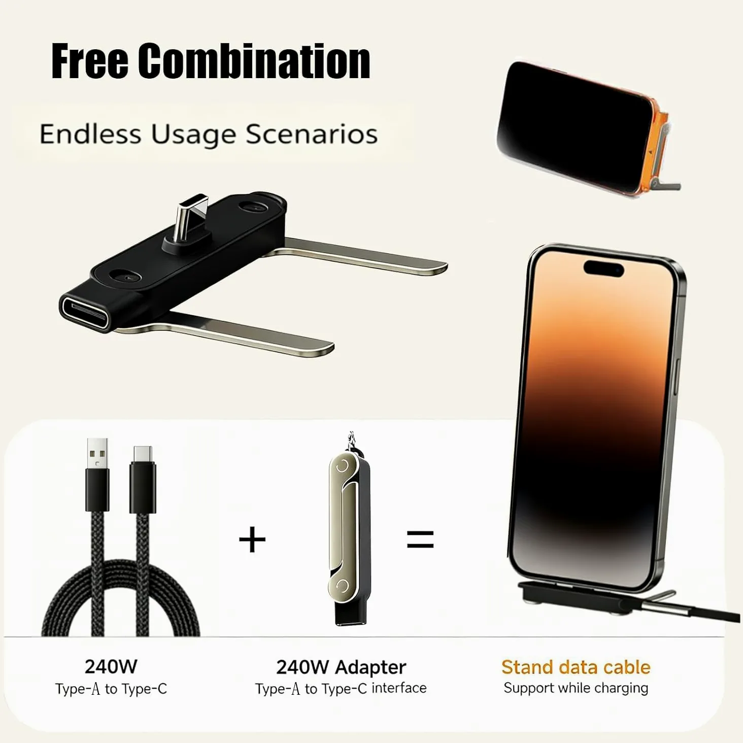 Cavo di ricarica rapida da USB A a tipo C da 60 W con supporto pieghevole per telefono, cavo di ricarica in nylon intrecciato da 1 m, 480 Mbps, sincronizzazione dati USB-C cavo di ricarica per
