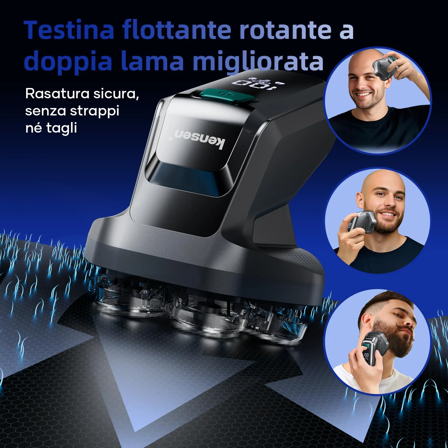 kensen Rasoio Elettrico Testa Calva Uomo 7D IPX6 Impermeabile 100 Minuti Autonomia Testina Taglio Magnetica USB-C 8100 8500 giri/min
