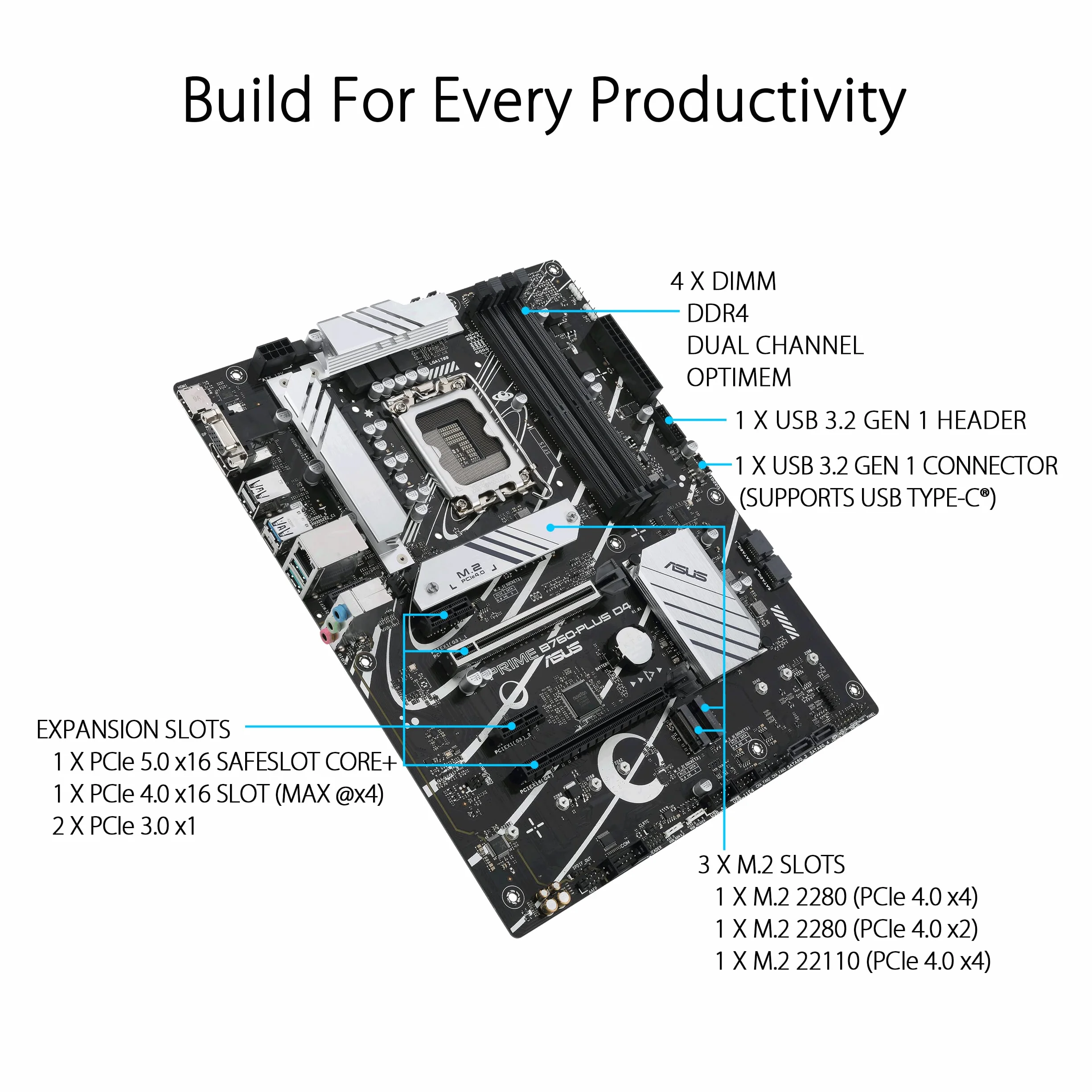 ASUS Prime B760-PLUS D4, Scheda Madre Intel LGA 1700 ATX, DDR4, PCIe 5.0, 3 slot PCIe 4.0M.2, Realtek 2.5Gb Ethernet, SATA 6 Gbps, USB 3.2 Gen 2 Type-C, Thunderbolt USB4, Aura Sync, Nero