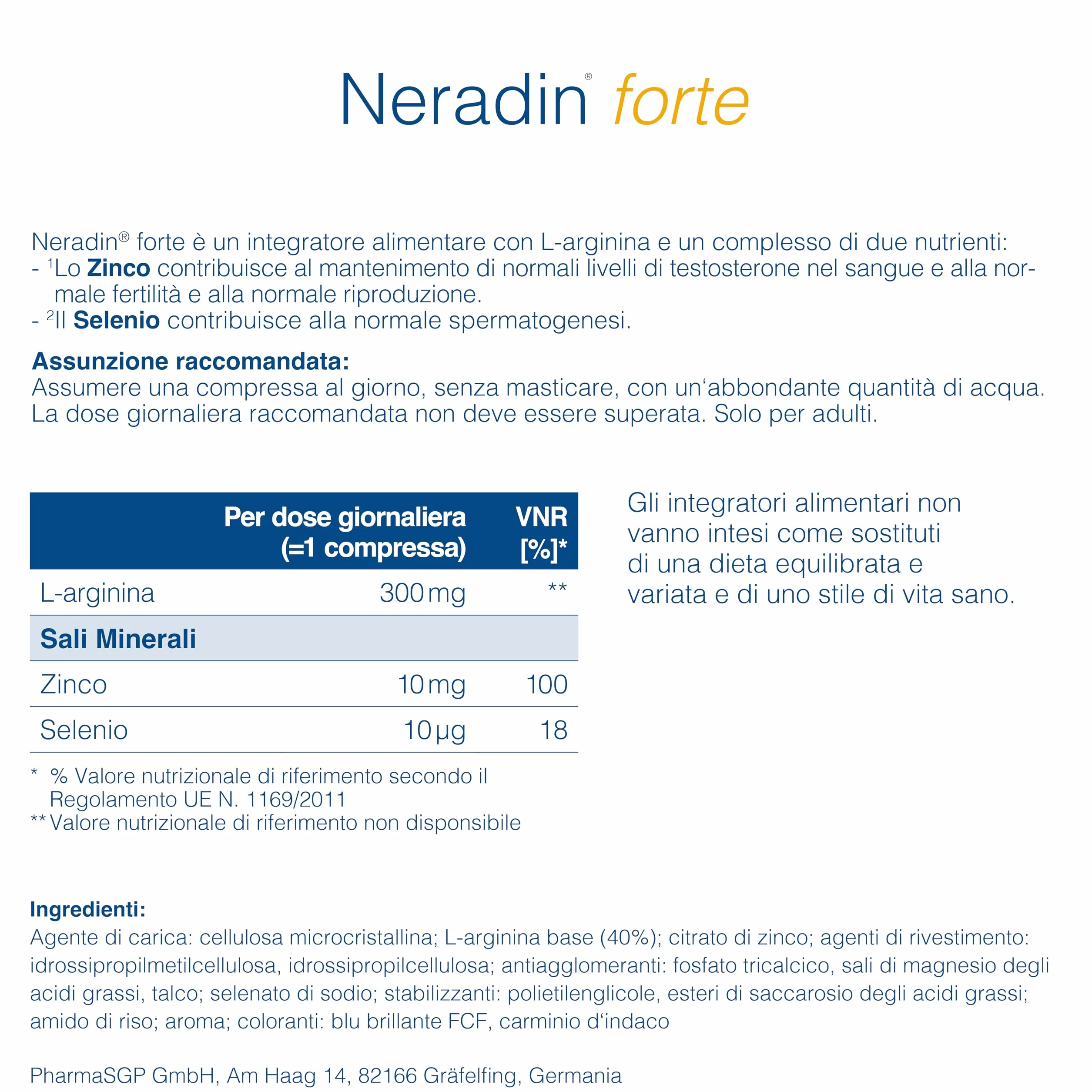 Neradin Forte 30 compresse con zinco selenio L-arginina Made in Germany