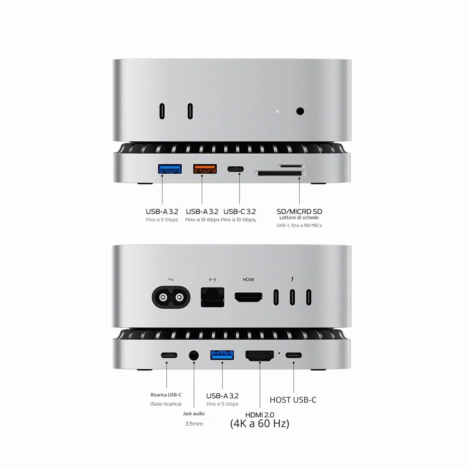 Dock per Mac mini M4 e M4 Pro 2024, supporto in alluminio e hub HDMI 4K60Hz, alloggiamento SSD M.2 NVMe/SATA, ricarica USB-C, SD/TF, audio