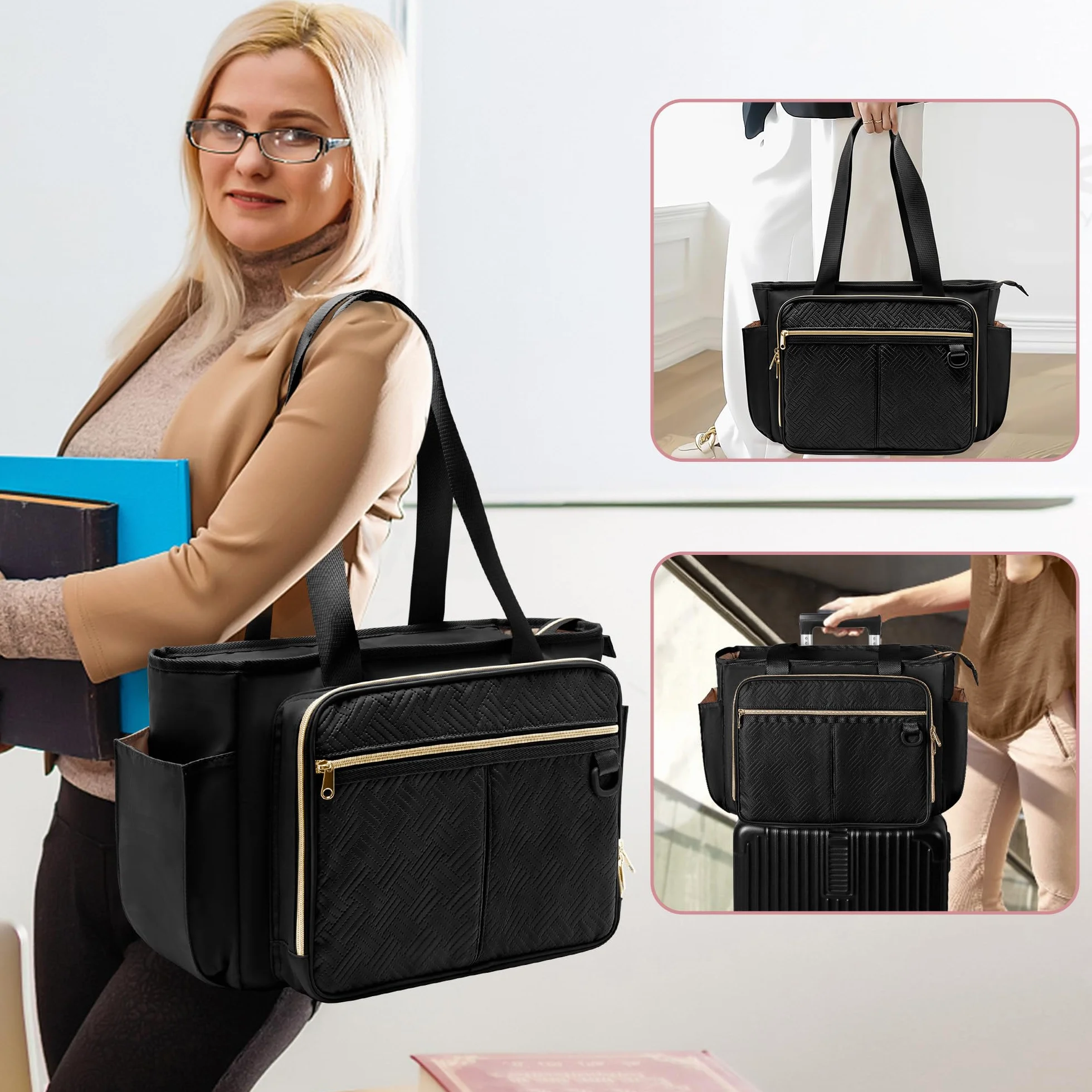 Borsa per Insegnanti con tasca a Fisarmonica per L'organizzazione dei file, Grande Borsa da Lavoro per Insegnanti per Donne, Nero (Design Brevettato)