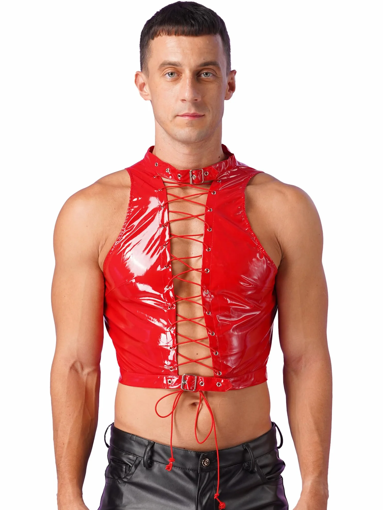 FEESHOW Pelle Laccata Camicia Senza Maniche Wetlook Maglia Muscolare Crop Top Party Club