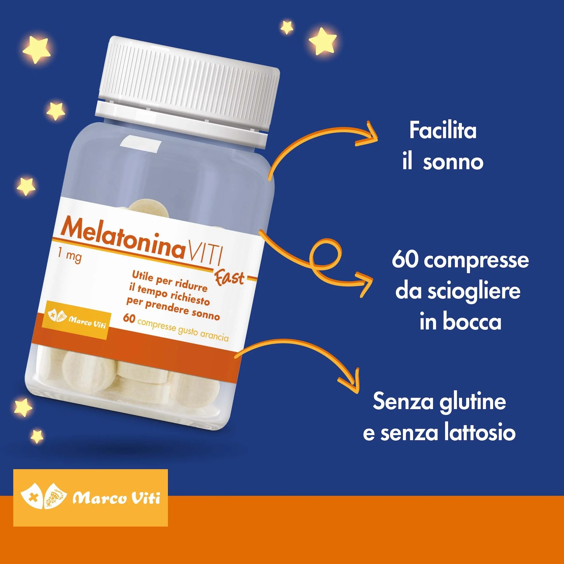 Melatonina Viti 1 mg 3x60 Compresse Gusto Arancia Integratore Sonno Senza Glutine