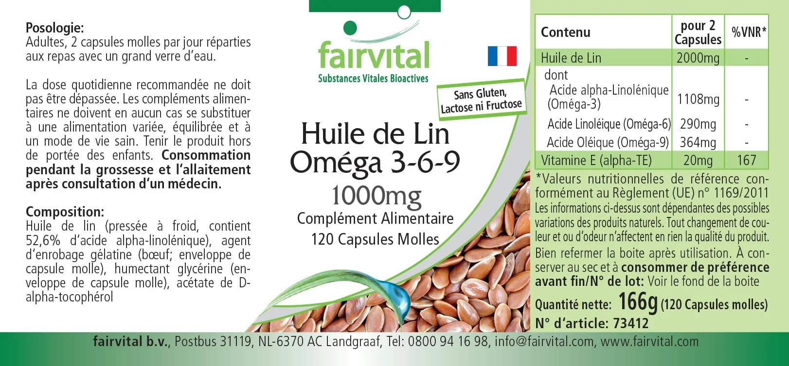 Fairvital Omega-3-6-9 Capsule, 2000 mg di Olio di Semi di Lino, 120 Softgel