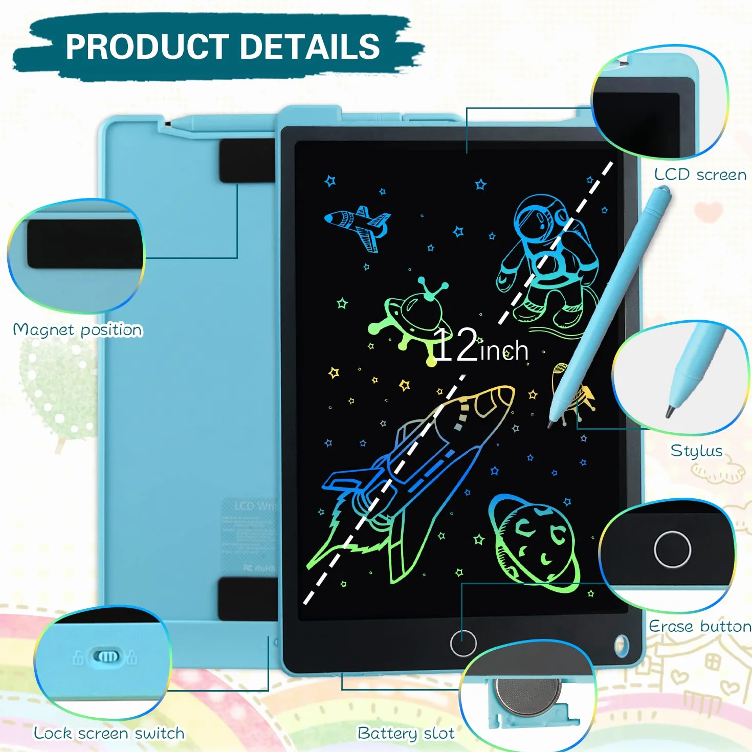 Tavoletta Grafica LCD 12 Pollici, Lavagna Magnetica per Bambini, Disegno Digitale Portatile, Regalo 4-6 Anni