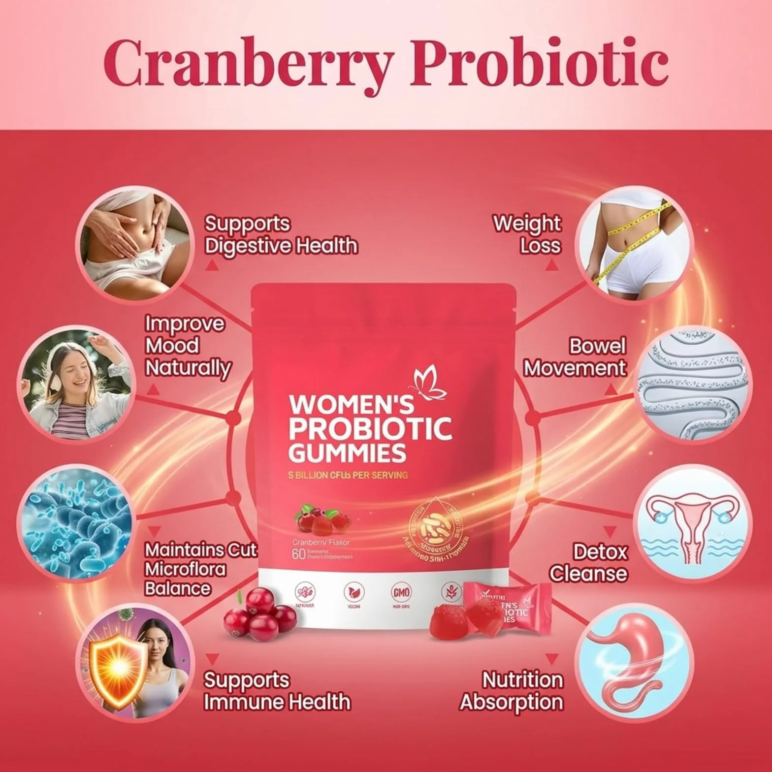 Gommose Probiotiche per Donne, Probiotici Donna, Women Probiotic Gummies, Bilanciamento pH, Lievito, Salute Immunitaria