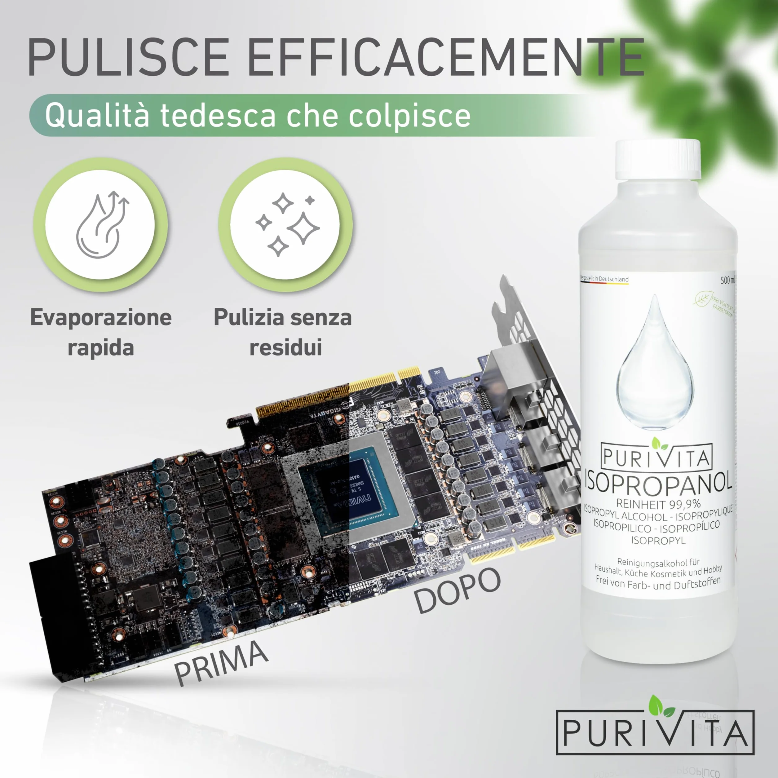 PURIVITA Alcool Isoproilico 99,9% 500ML Isopropyl Alcohol Disinfettante Detergente