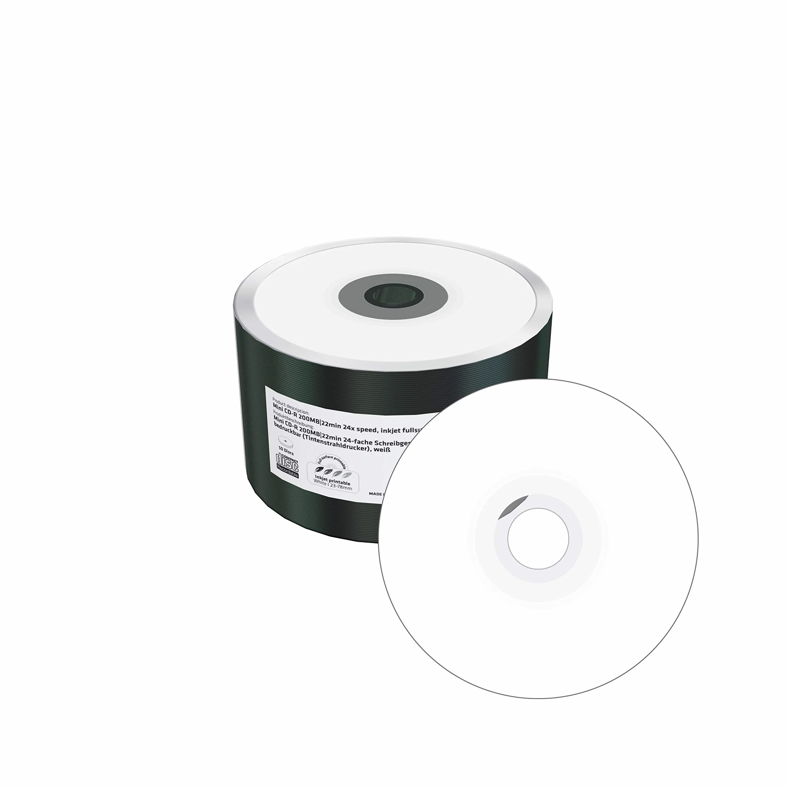 Mini CD-R 200 MB|22 min 24 velocità di scrittura, stampabile su tutta la superficie (stampante a getto d'inchiostro), confezione da 50 pezzi in pellicola (Shrink)