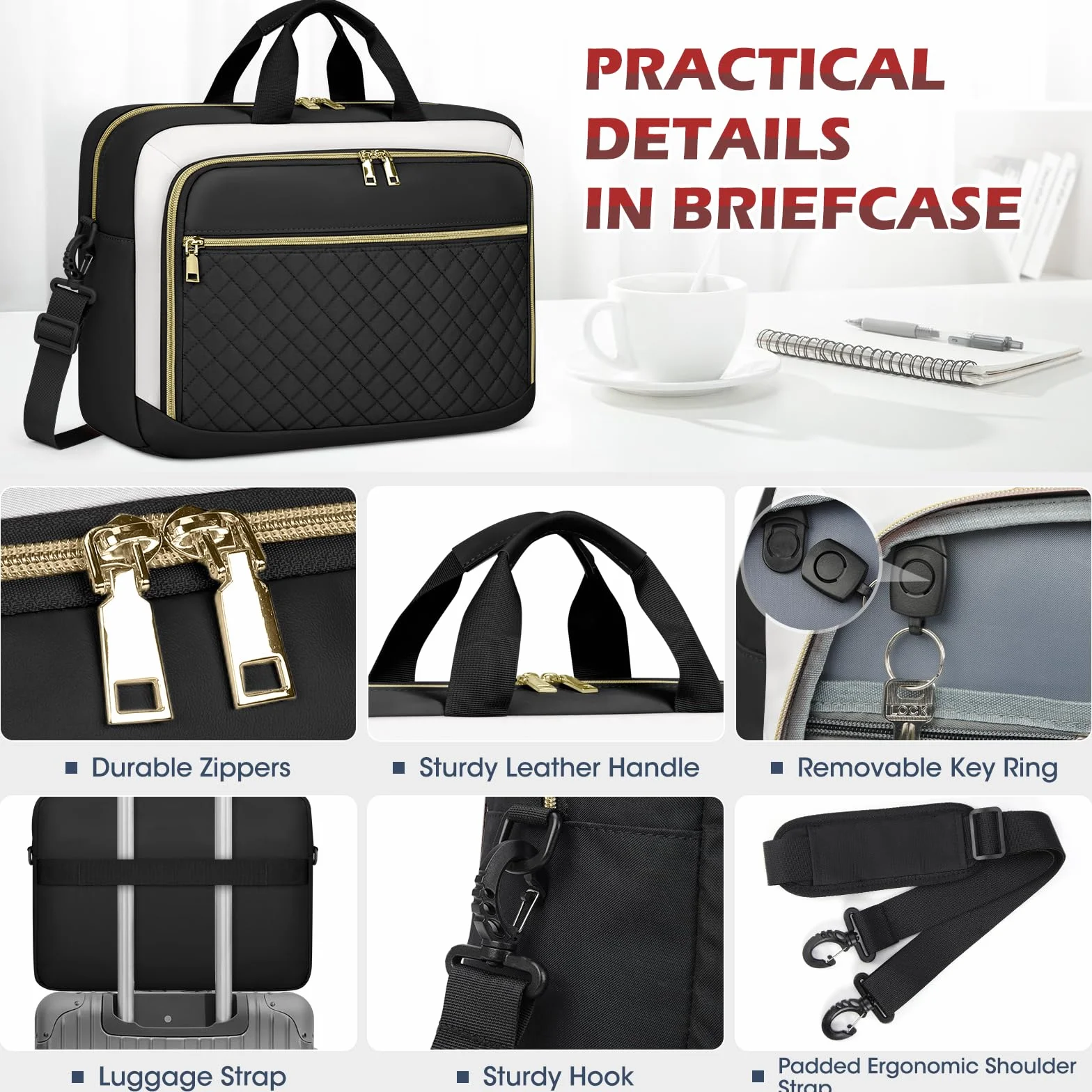 NEWHEY Borsa Porta PC 17.3 Pollici Borsa da Lavoro Donna Impermeabile Borsa Computer Grande Borsa Messenger Valigetta Portadocumenti Tracolla per Ufficio, Università, Scuola，Nero e beige