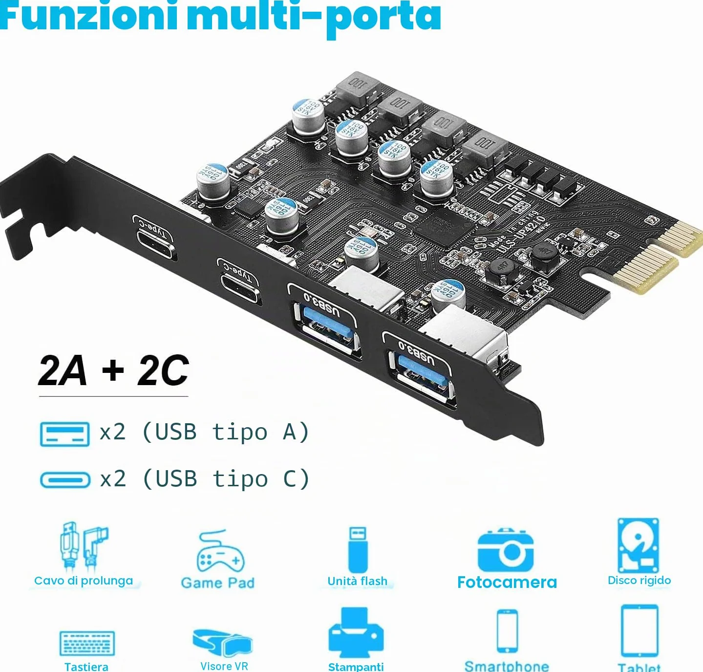 Scheda di espansione USB 3.0 PCIe a 4 porte(2x Type C, 2x Type A), 5Gbps Scheda USB PCI Express per PC Desktop Windows