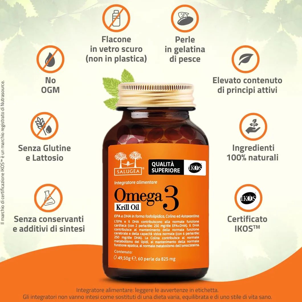 Salugea OMEGA 3 KRILL OIL IKOS 60 Perle Olio di Krill Antartico EPA DHA Astaxantina Colina