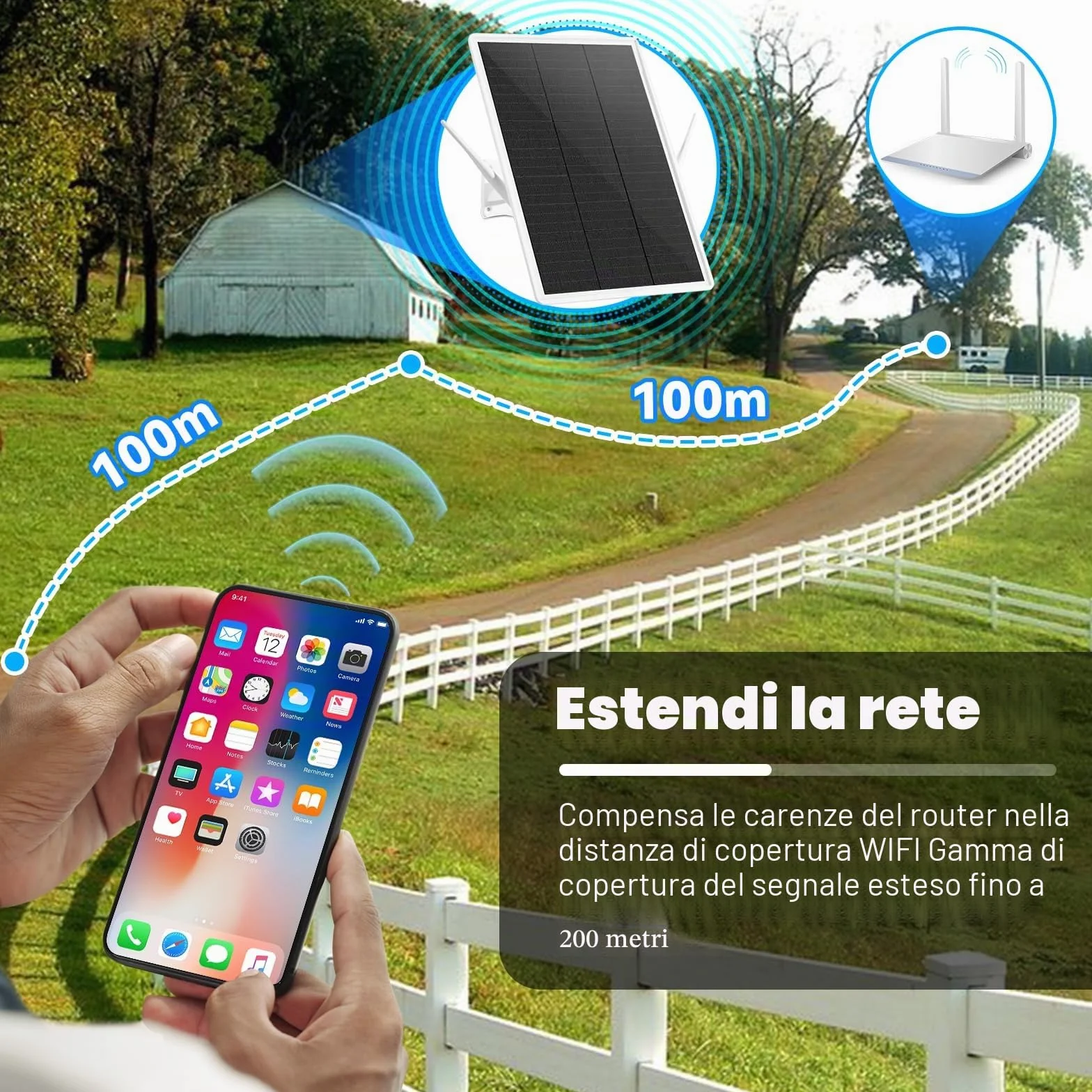 Ripetitore WLAN per esterni, batteria solare, Wi-Fi Booster WiFi Range Extender portata fino a 100 m, ripetitore WiFi da 2,4 GHz con 300 Mbit/s, punto di accesso WiFi compatibile con dispositivi da