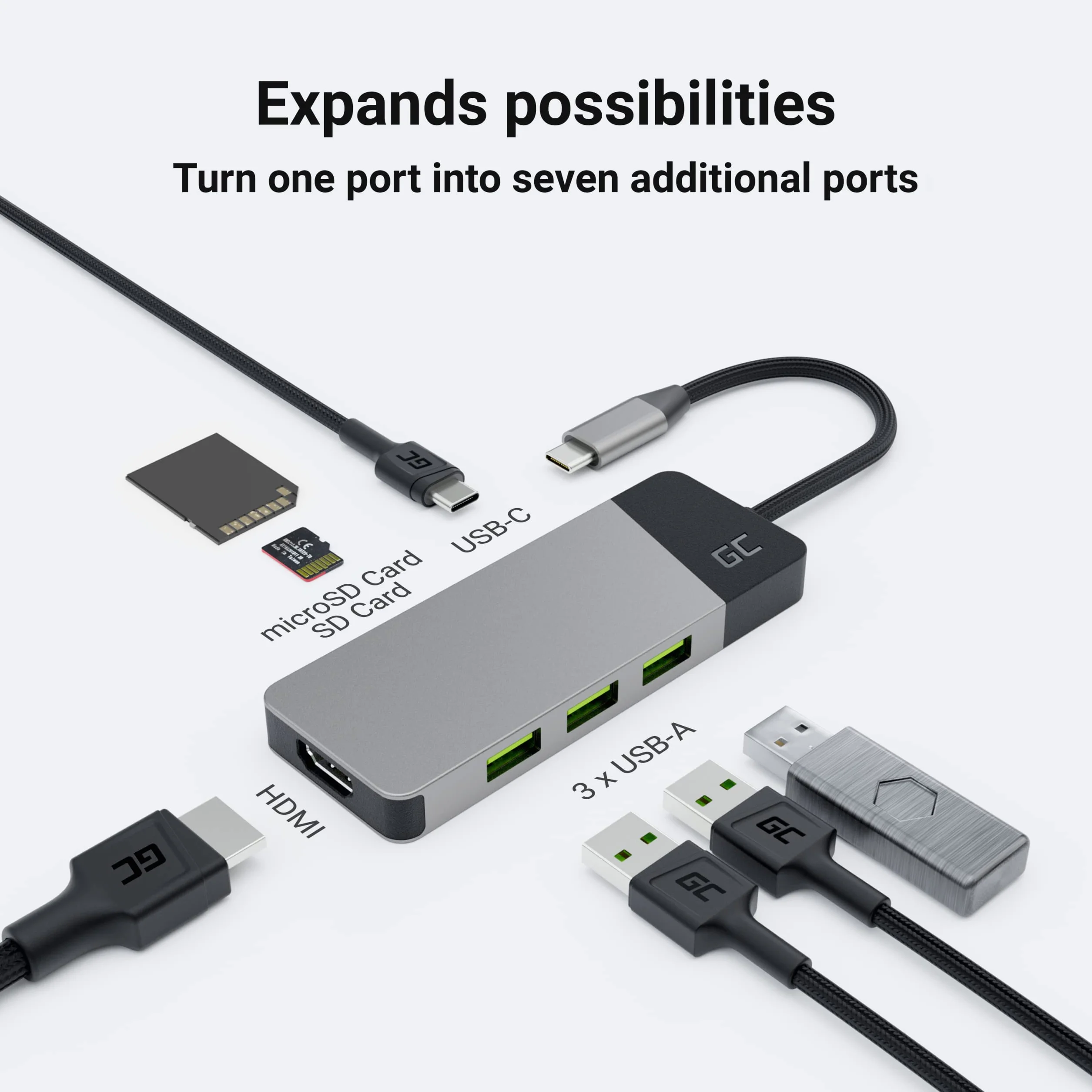 Adattatore, Stazione docking HUB USB-C PD 85W GC Connect 7in1 (3x USB-A 3.1 HDMI 4K 60Hz SD microSD) per Apple MacBook M1/M2, Lenovo ThinkPad X1, Asus ZenBook, Dell XPS, Supporto Samsung DeX