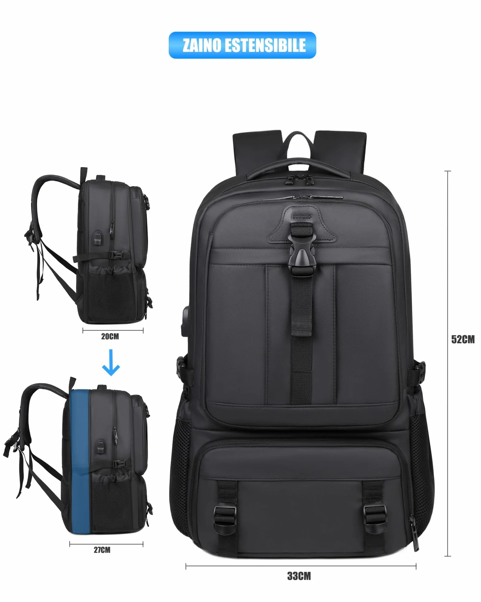 Zaino per Viaggio da Uomo Porta PC Estendibile Bagaglio Valigia Borsa Computer fino ai 17 pollici in Membrana PU Tasca impermeabile per Lavoro Trekking Escursione KM18