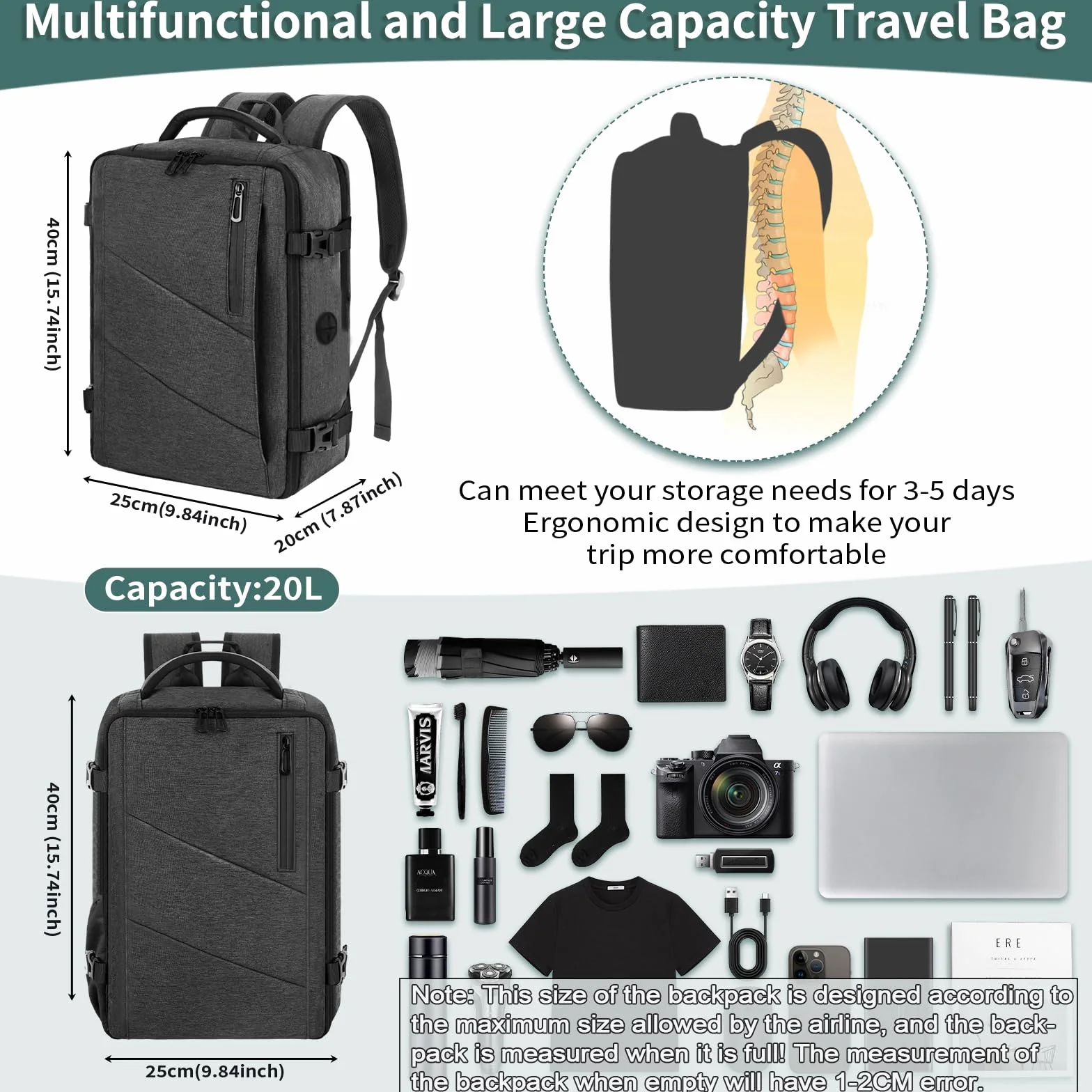 Zaino per Ryanair 40x20x25, Zaino da Viaggio Aereo Bagaglio a Mano Porta PC Donna Uomo Grigio Scuro per Tutte le Principali Compagnie Aeree, 20L