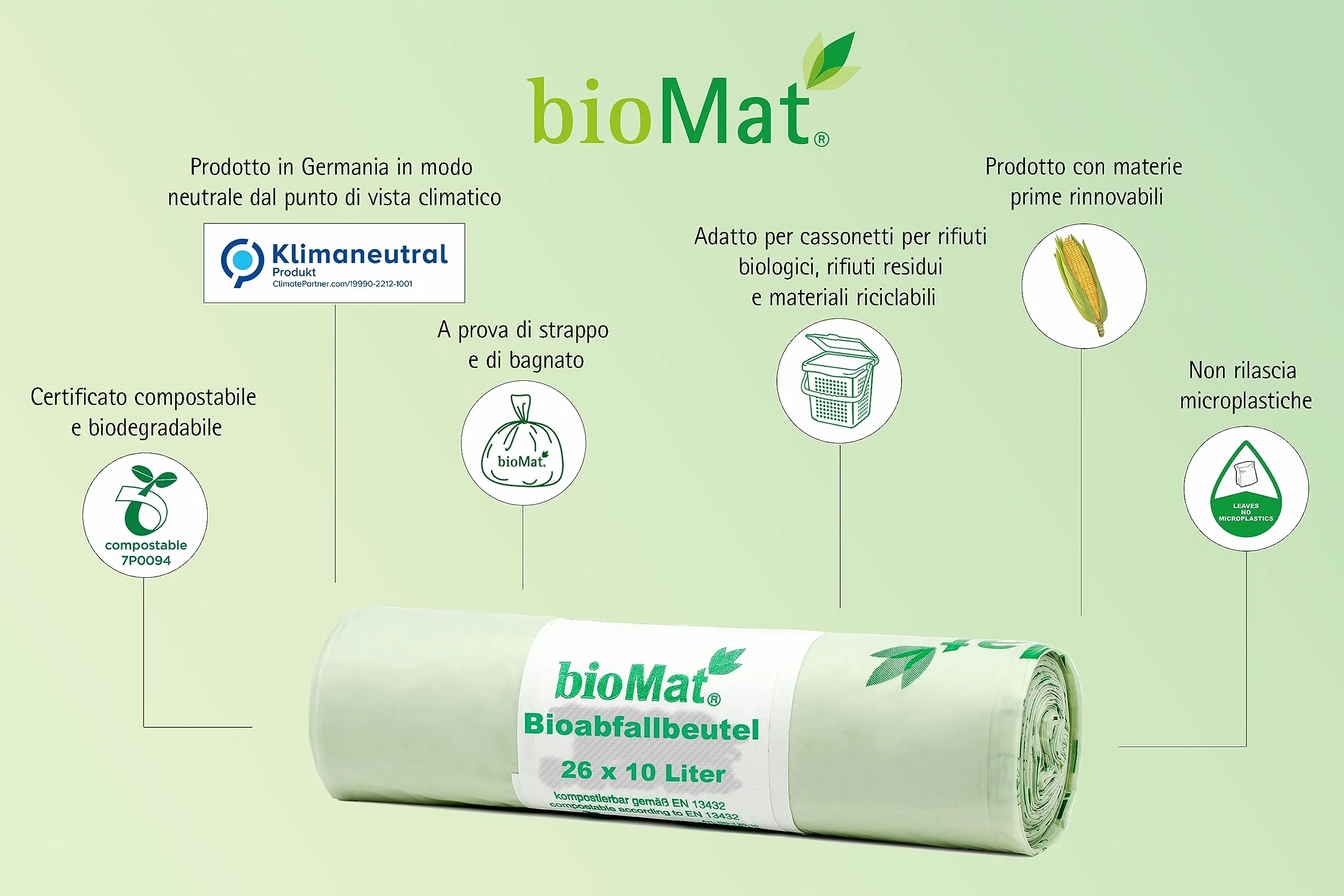 bioMat Sacchetti Compostabili 10l con Manici per Umido 26 Sacchi Certificati DINplus Made in Germany