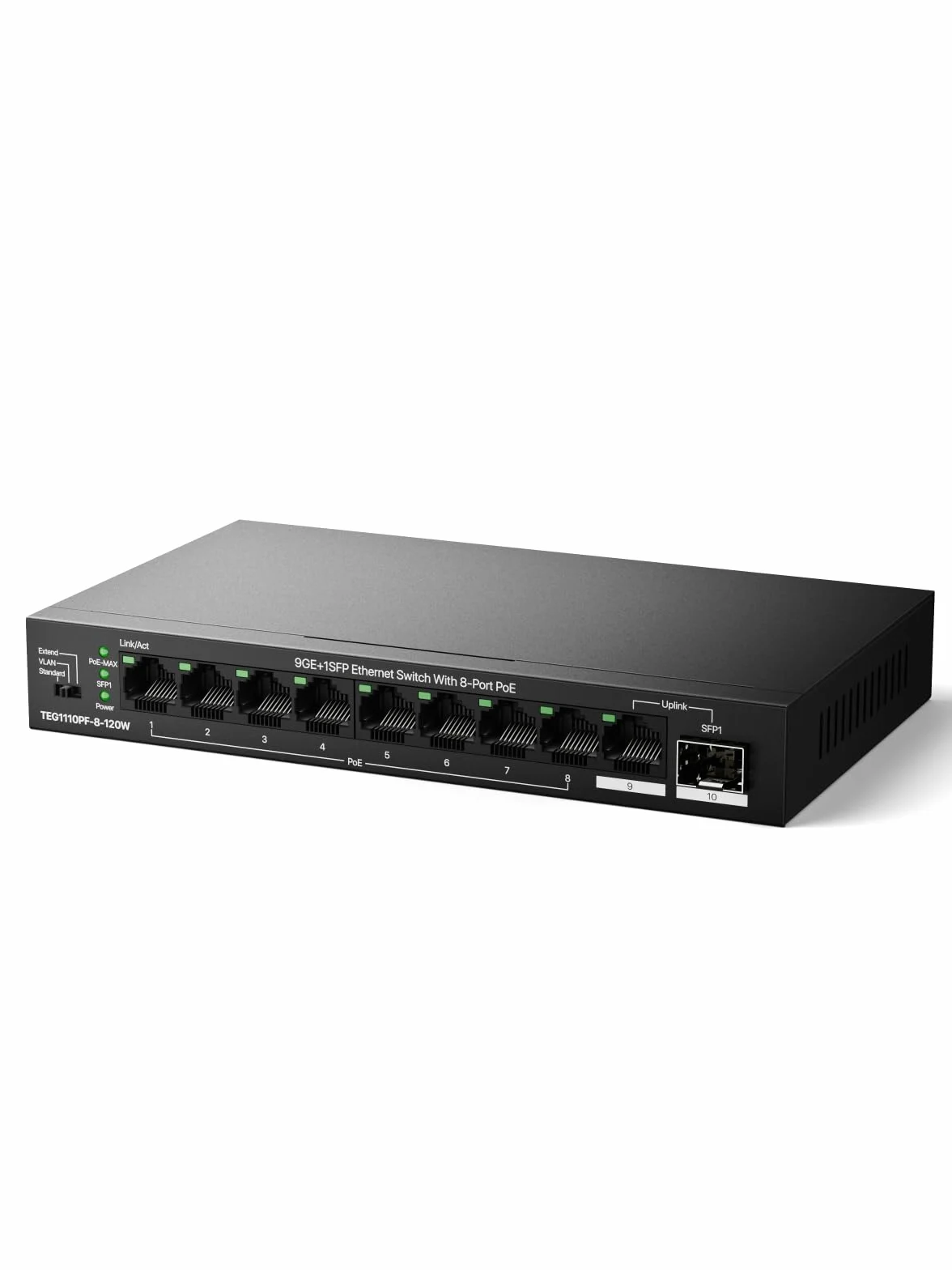Tenda Switch PoE a 8 Porte PoE+, 1 Porta Uplink Gigabit, 1 Porta SFP, Budget da 110 W, IEEE 802.3af/at, VLAN, Portata PoE Fino a 250 m, senza Ventola, Chassis in Metallo (TEG1110PF-8-120W)
