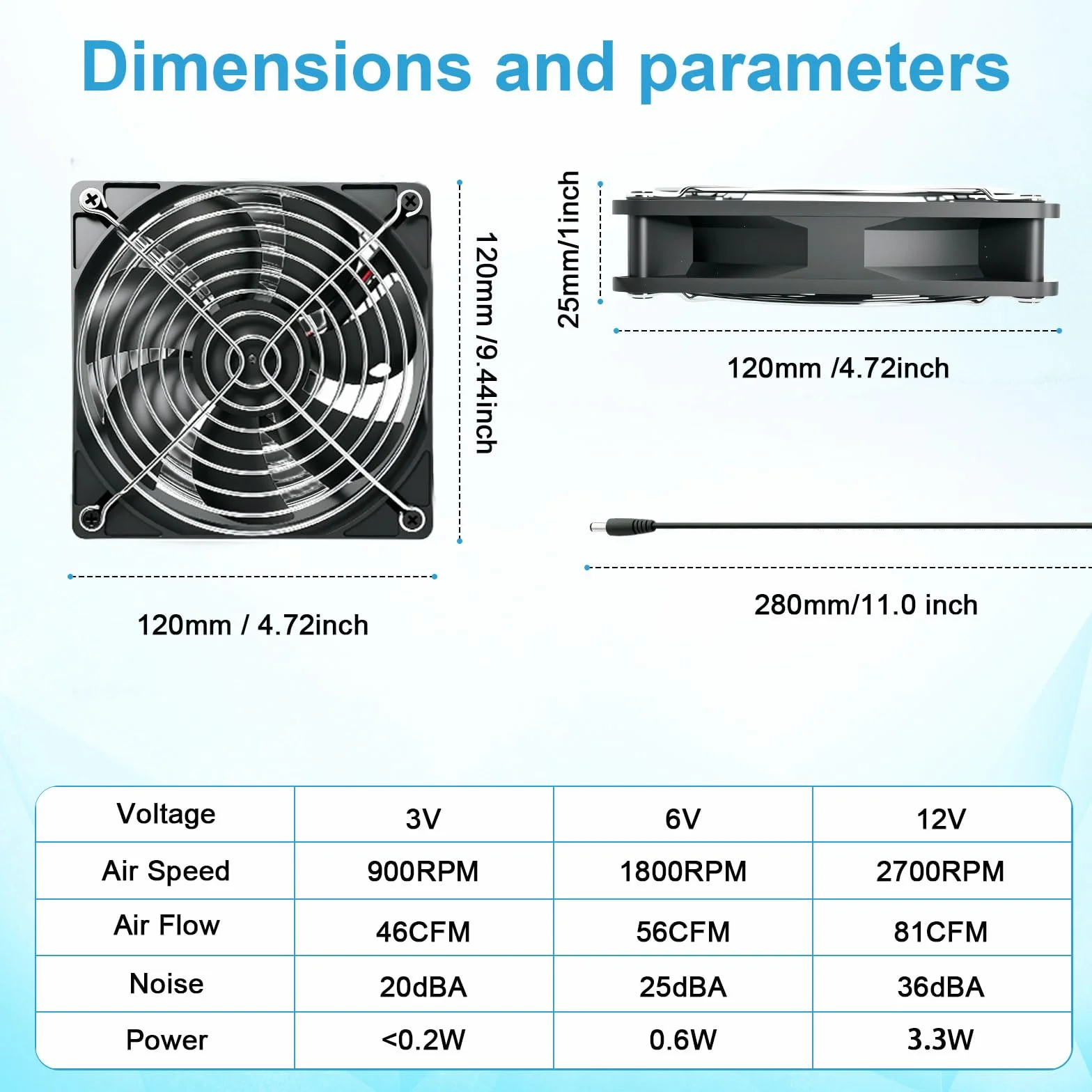 Ventola per PC da 120 mm, ventola da 12 V con spina di alimentazione e regolatore di velocità continuo (2750 RPM) – silenziosa e potente ventola per computer, server, PC da gioco, cabina AV, router