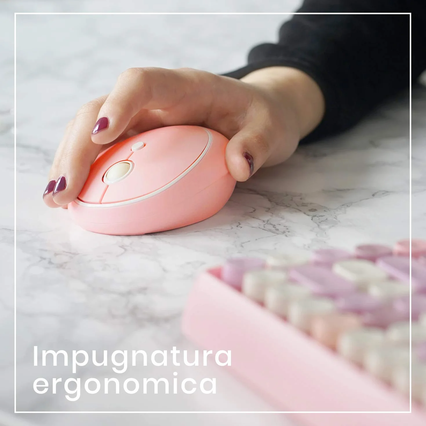 Perixx PERIDUO-713 Tastiera e mouse wireless, tasti rotondi, design macchina da scrivere retrò, tasti multimediali, cute colore rosa, QWERTY italiano