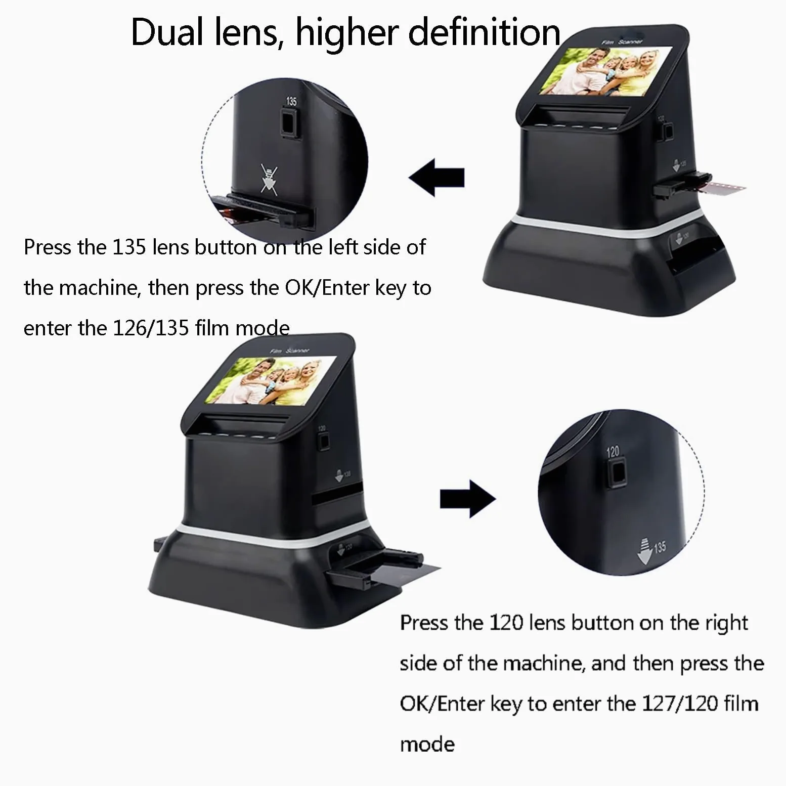 Scanner digitale per pellicola 120 e 35 mm, convertitore 5 in 1 ad alta risoluzione per negativi e diapositive, schermo LCD 1080P a JPEG per 135, 126, 127 pellicole