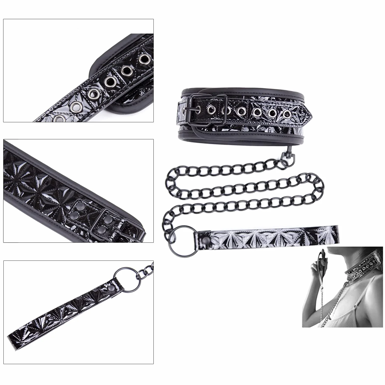 Collare BDSM in pelle con guinzaglio catena per adulti Fetish donna Bondage erotico SM
