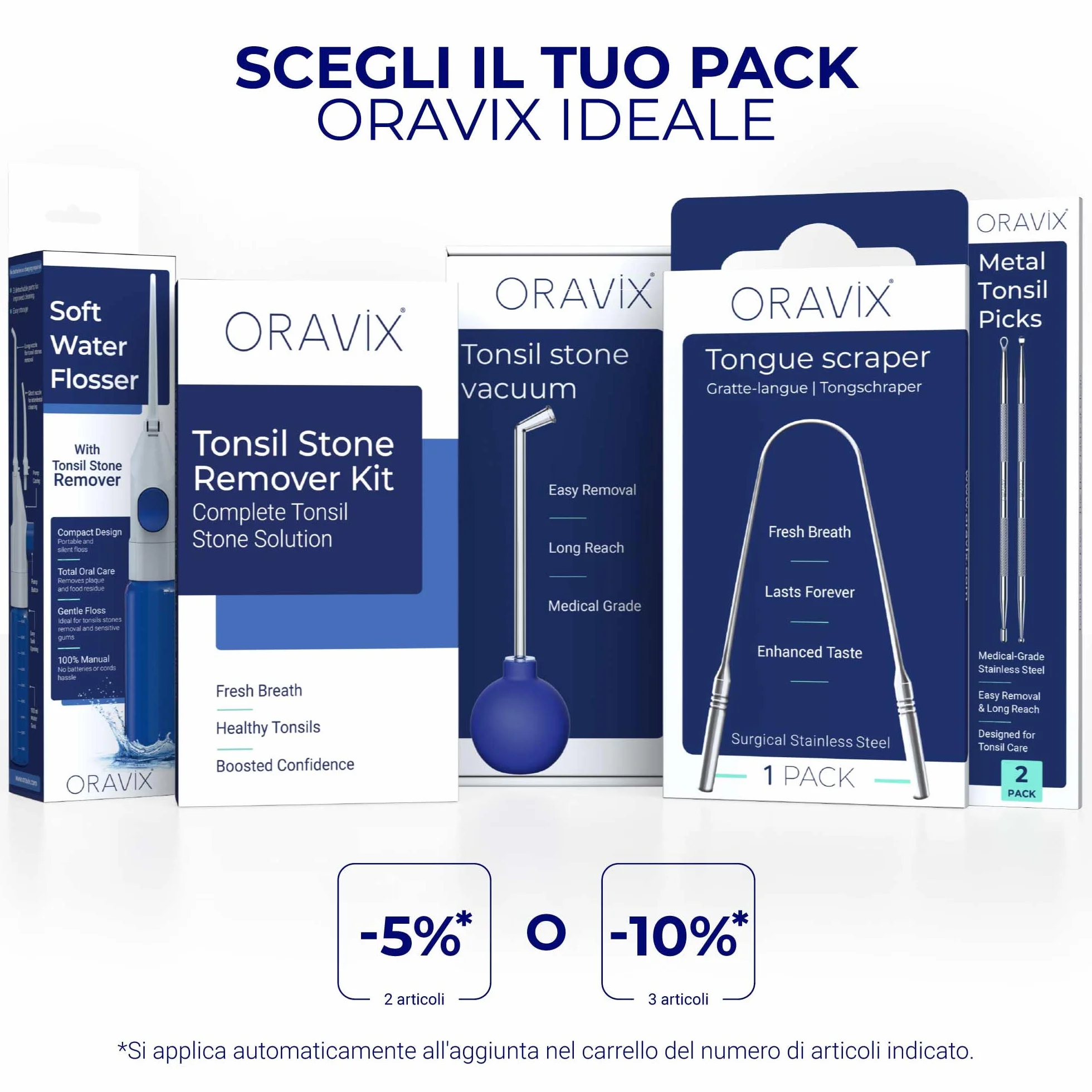 ORAVIX Escavatore Rimozione Calcoli Tonsillari Set 2 Unità 18 cm Strumento Metallo con 10 Punte Silicone