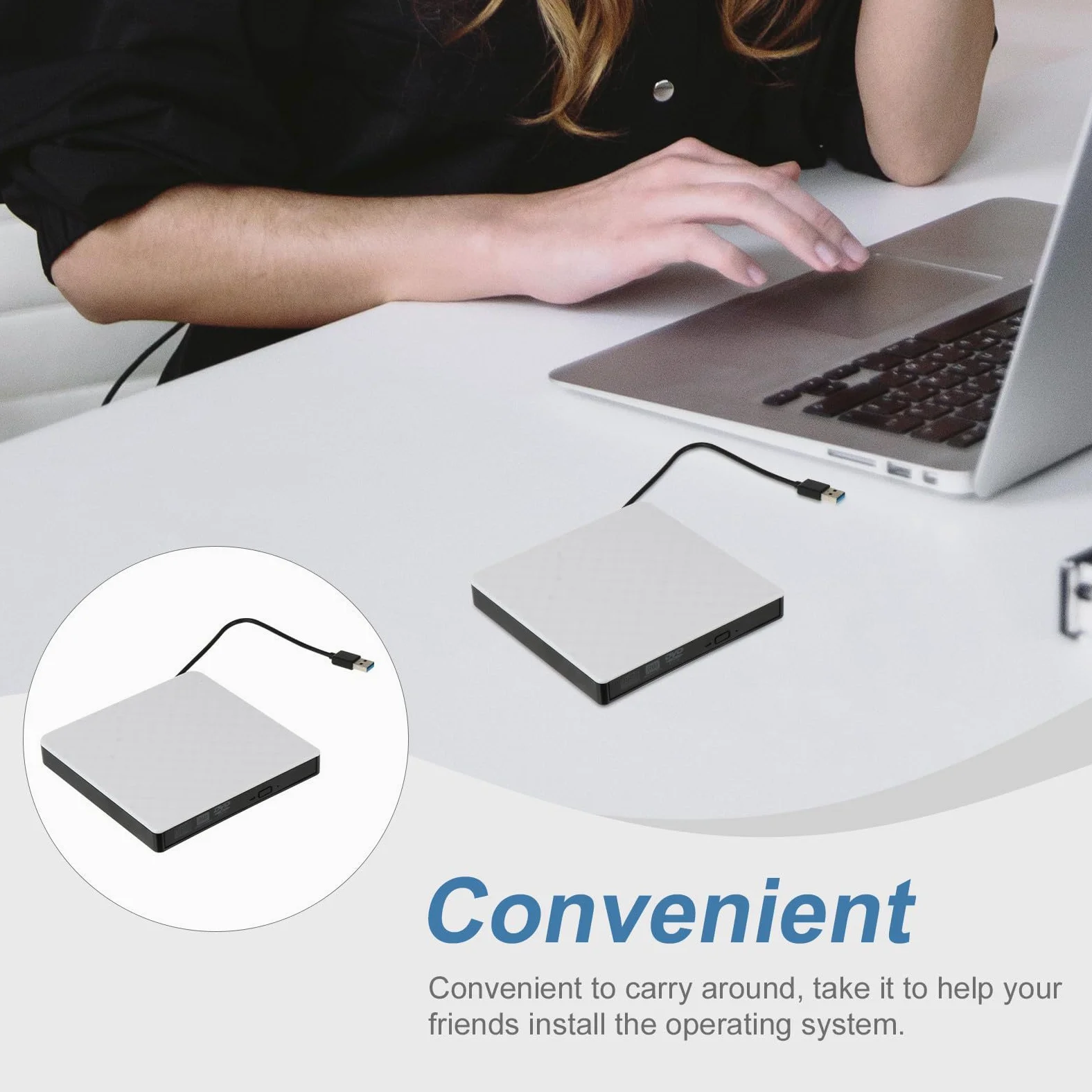 Masterizzatore Laptop Dvd USB 3.0 per Bianco Esterno Abs | Dvd-rom 8x e Cd-rom 24x, Design Ultrasottile e Ultraleggero, Uso Orizzontale o Autoportante