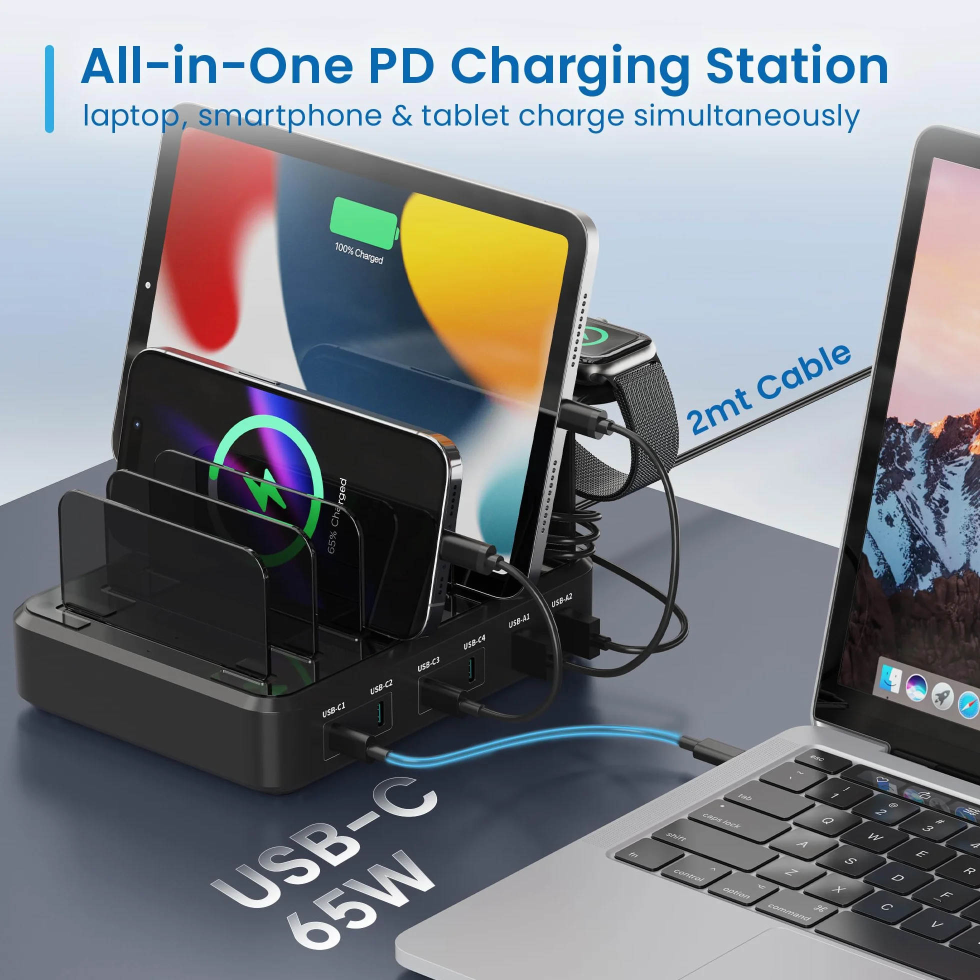 Ewent Stazione di Ricarica Universale 6 Porte USB (4xUSB-C 65W+2xUSB-A), Europlug 130W, con Supporto SmartWatch e Auricolari, Per Smartphone/Tablet/Laptop, Ricarica Rapida PD3.0/QC3.0, Design Compatto