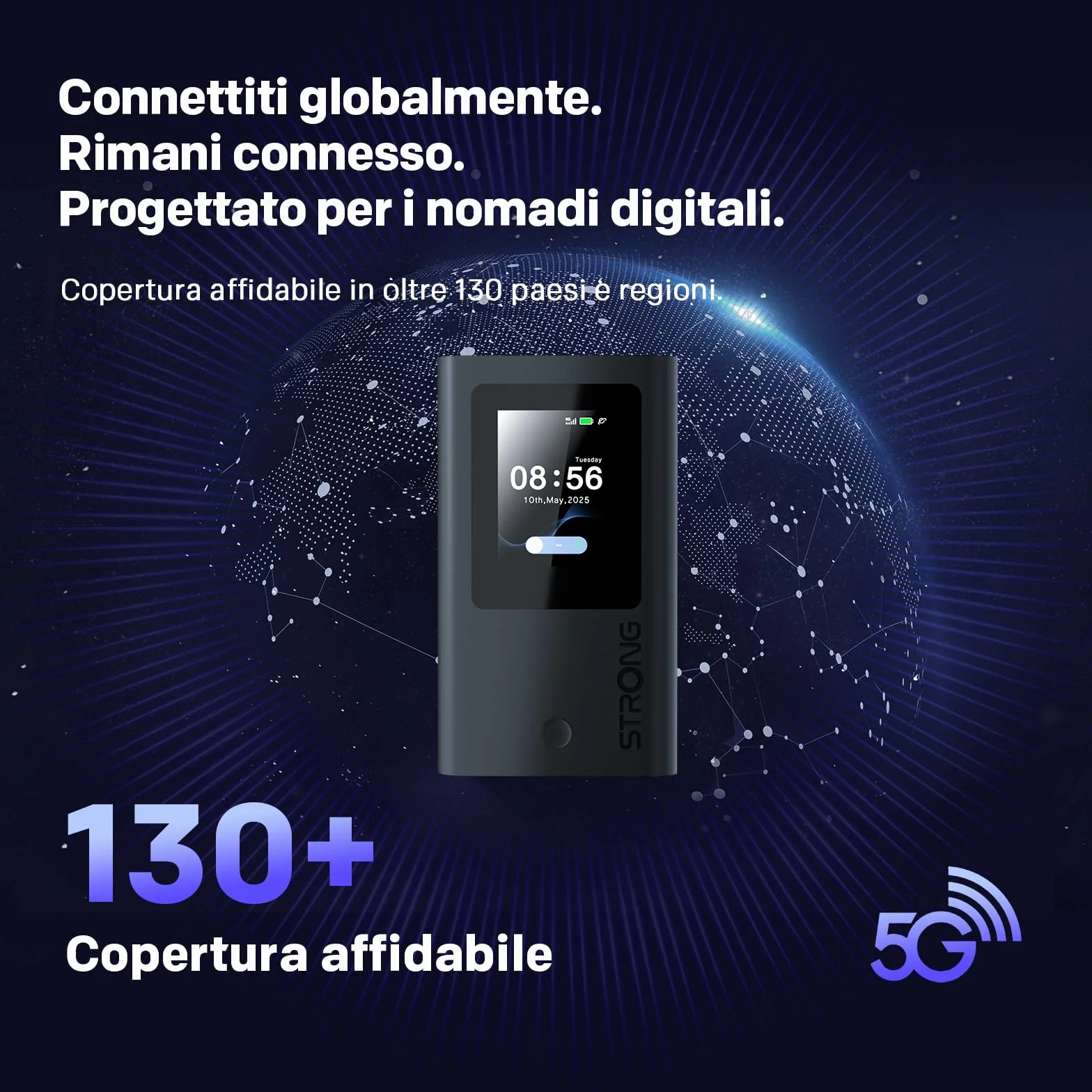 STRONG 5G+ HOPI Saponetta WiFi Portatile 5G, WiFi 6 AX1800, Hotspot Wi-Fi Tascabile con eSIM e 5GB di Dati, Velocità fino a 3,4Gbps, Batteria 4500mAh, Porta USB-C, Funzione Power Bank