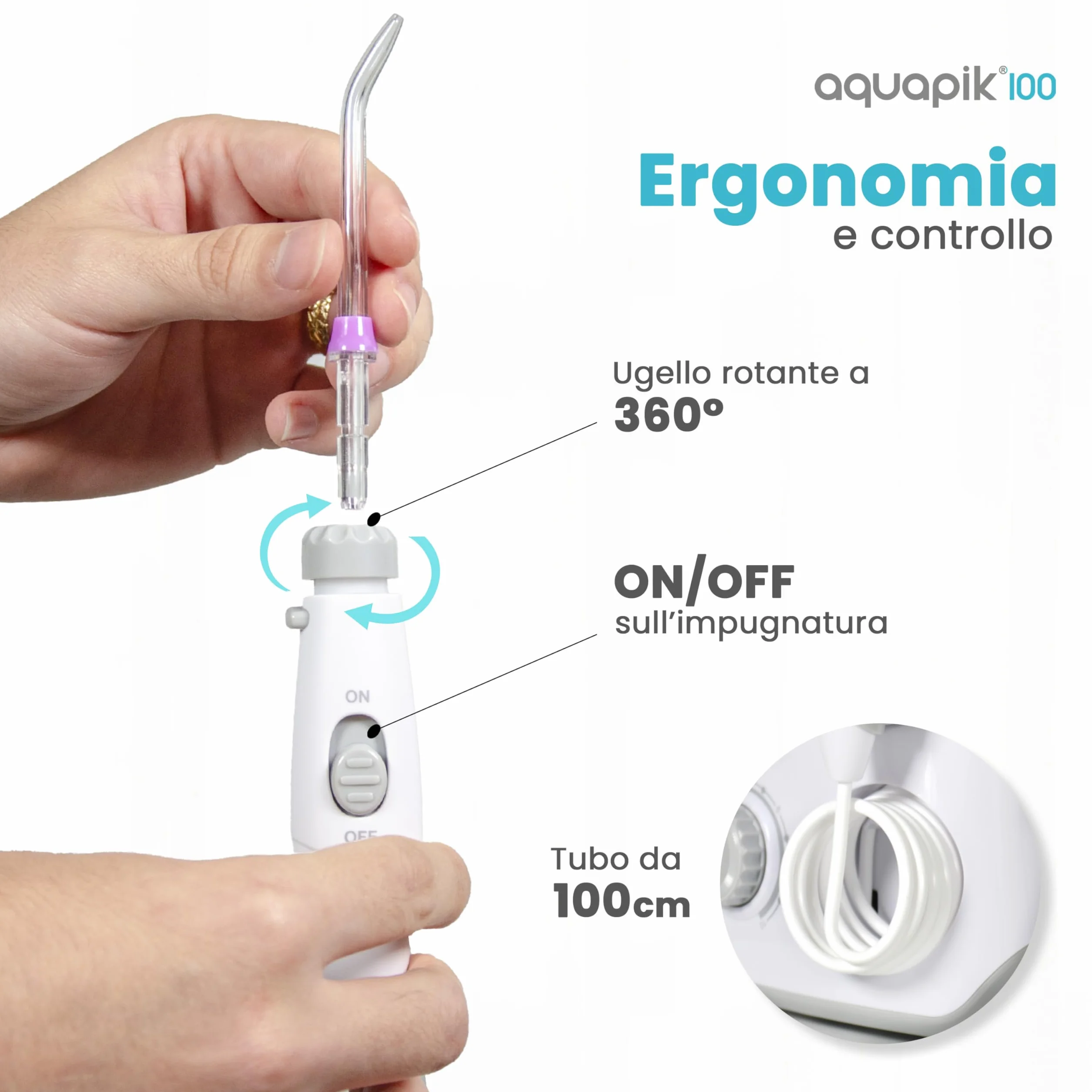 Aquapik 100 Idropulsore Dentale Professionale Irrigatore Orale 8 Ugelli Multifunzione 10 Impostazioni Pressione Serbatoio 600 ml Pulizia Interdentale Bianco