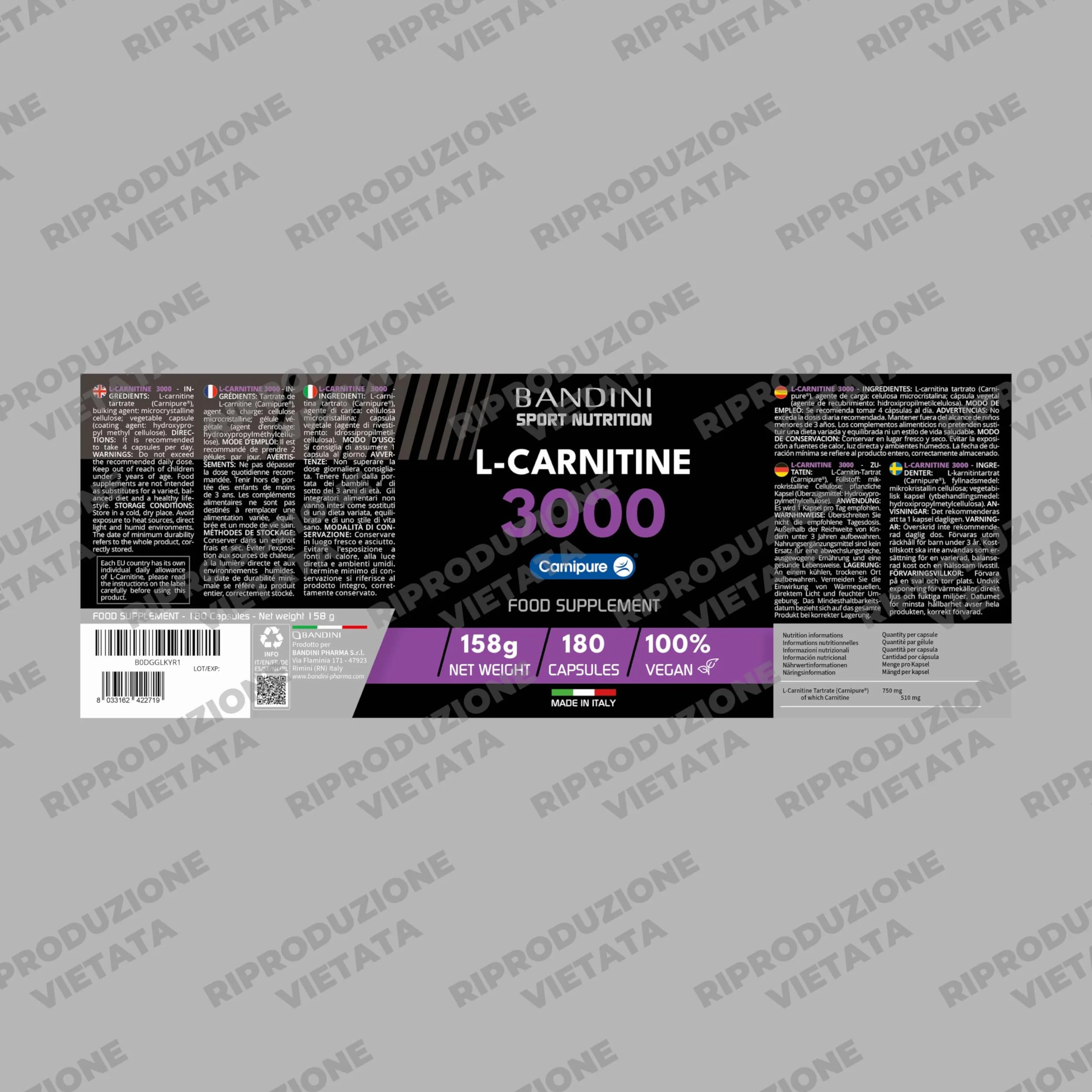 Bandini L Carnitina 3000 180 capsule vegane Carnipure Alto Dosaggio Integratore Sportivo Tartrato L-Carnitina