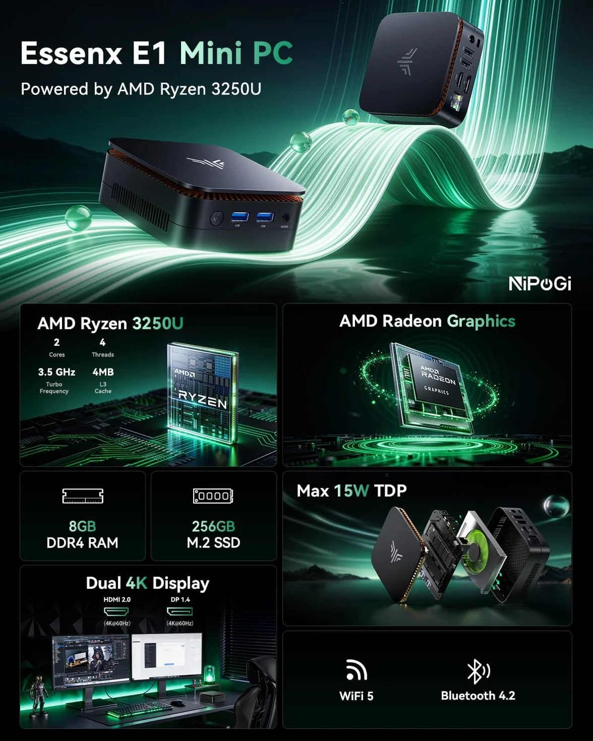 NiPoGi Essenx E1 Mini PC AMD 3250U 8GB DDR4 256GB SSD Desktop Computer