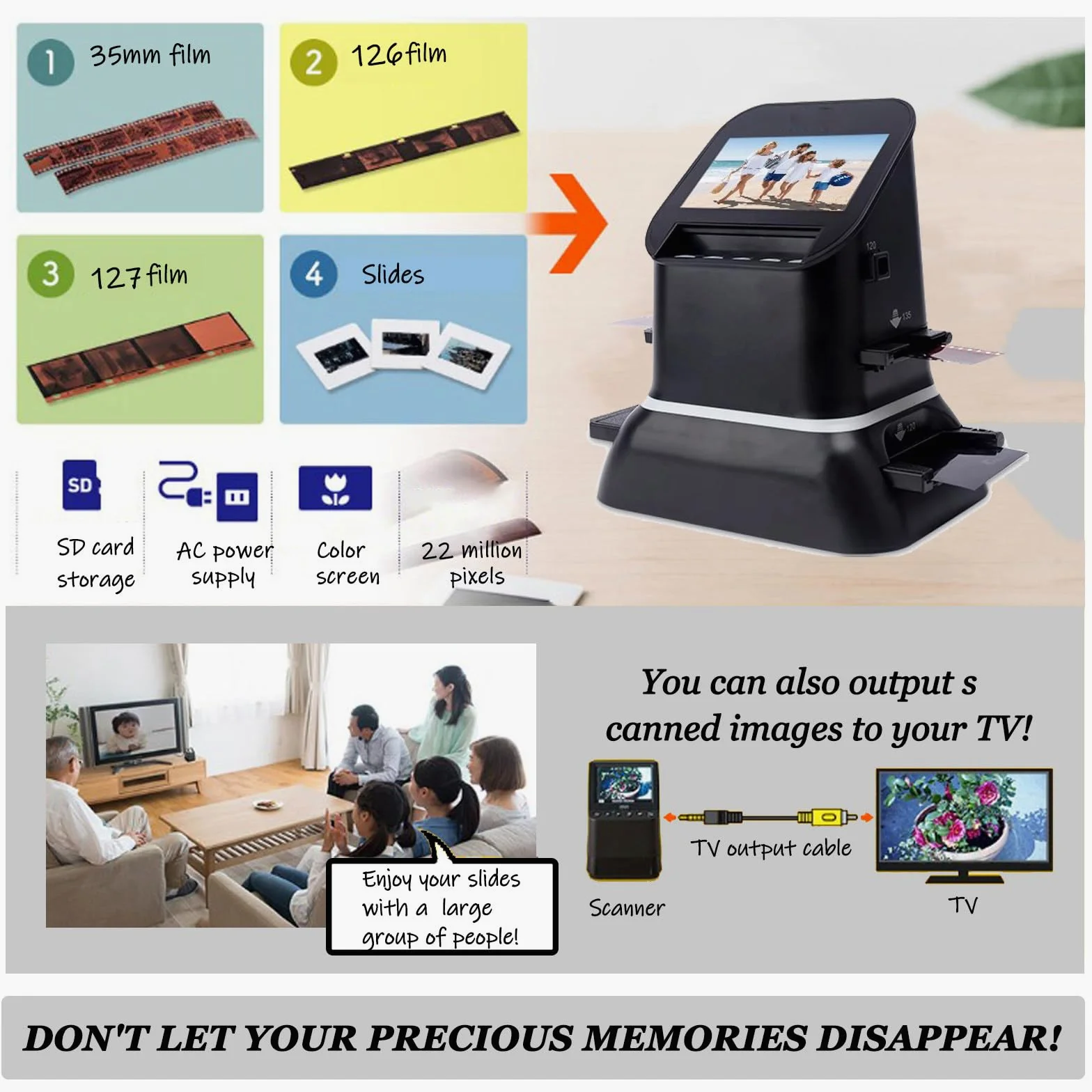 Scanner portatile per film, convertitore digitale ad alta risoluzione con schermo LCD, converte negativi e diapositive in JPEG