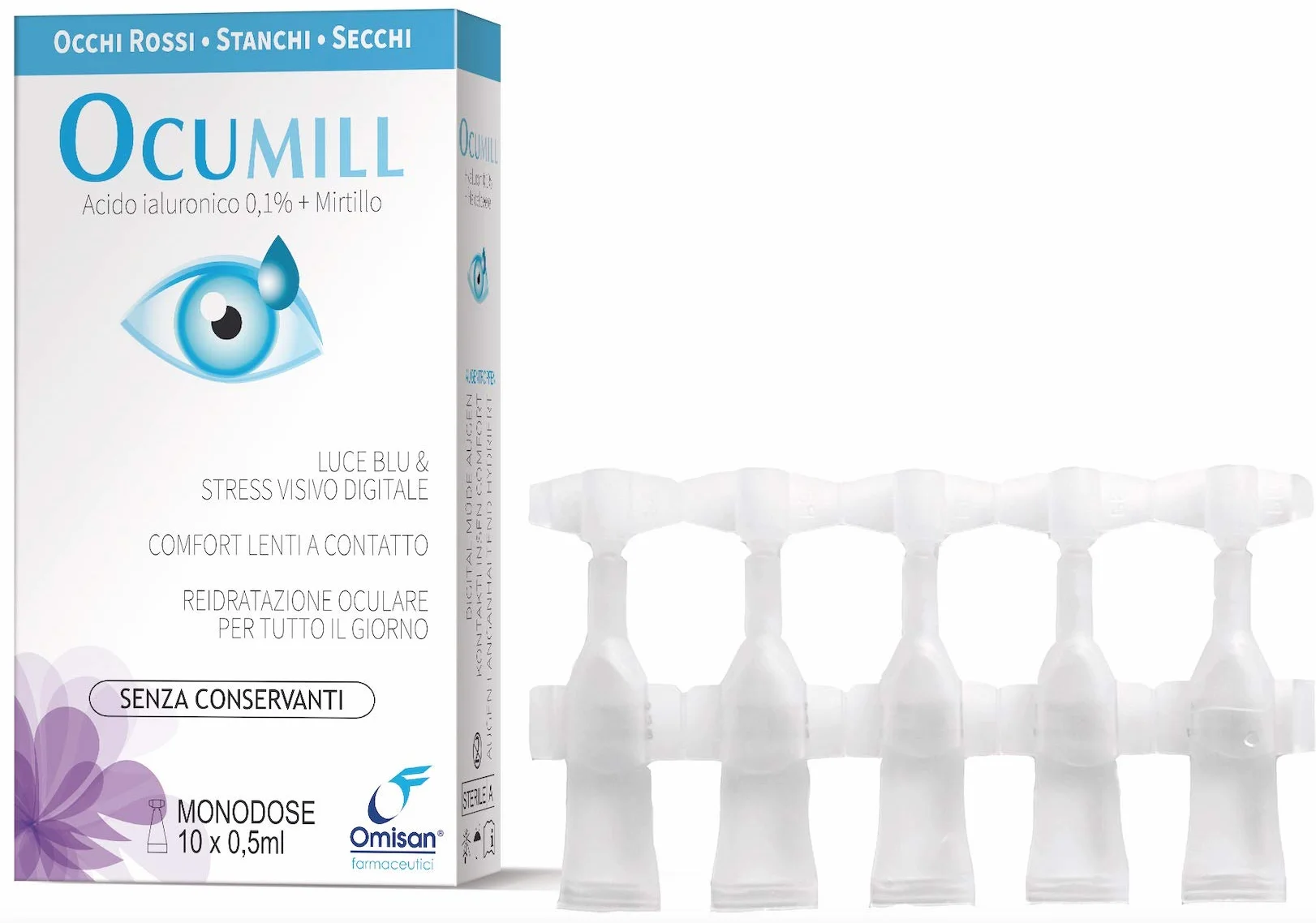 Ocumill Gocce Oculari Acido Ialuronico 3 in 1 Lubrificante Idratante Rinfrescante Monodose 10 x 0.5ml