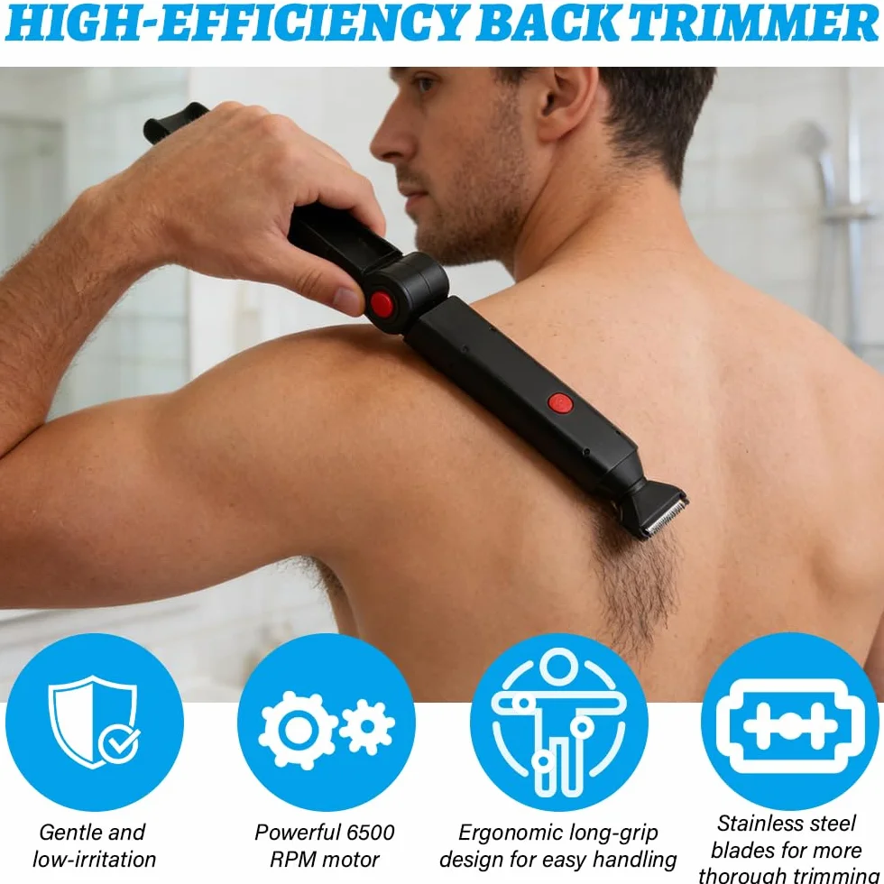 Rasoio Schiena Uomo Elettrico, Rasoio Corpo con 2 Testine Staccabile e Impugnatura Ergonomica, Pieghevole USB