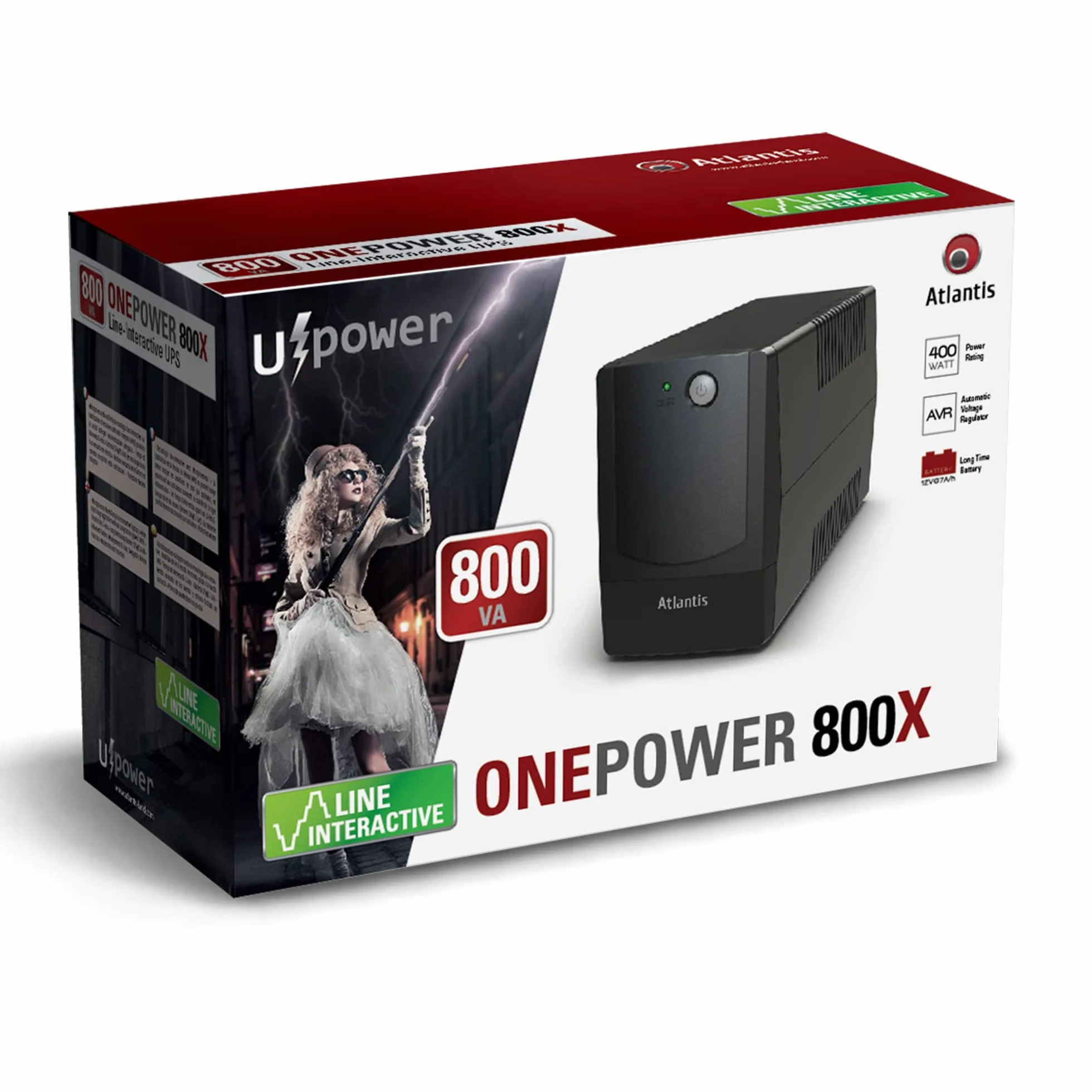 Atlantis OnePower PX800, UPS Line Interactive 800VA/400W, AVR (3 stadi), Onda PseudoSinusoidale, 4 prese IEC, 1 Batteria 12V 7Ah