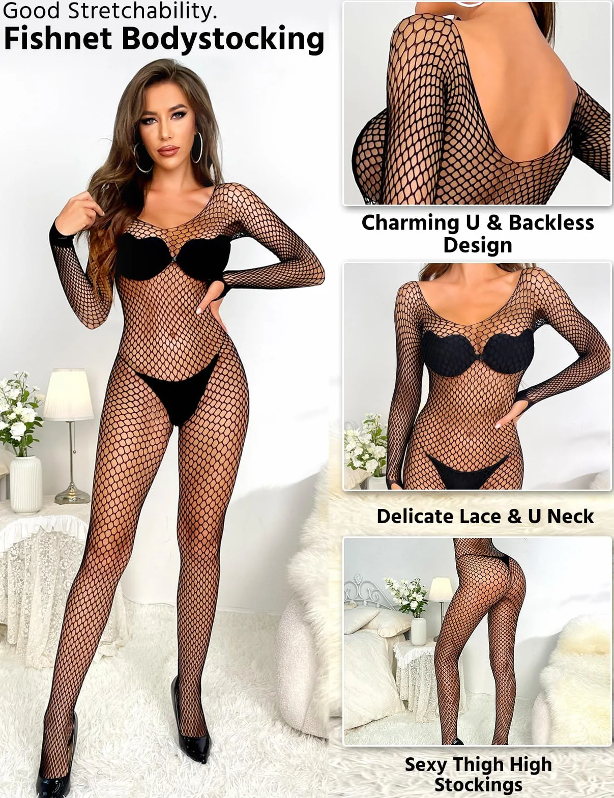 Tuopuda Intimo Donna Lingerie Body Pizzo Fishnet Bodystocking Babydoll Camicia da Notte