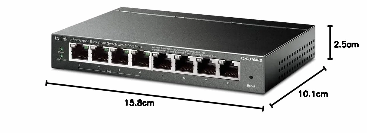 TP-Link Switch Gigabit TL-SG108PE Easy Smart con 4 porte PoE+ (64 watt, porte RJ-45 schermate, IEEE-802.3af/at, configurazione semplice, senza ventola), nero/antracite, 8 porte PoE Smart